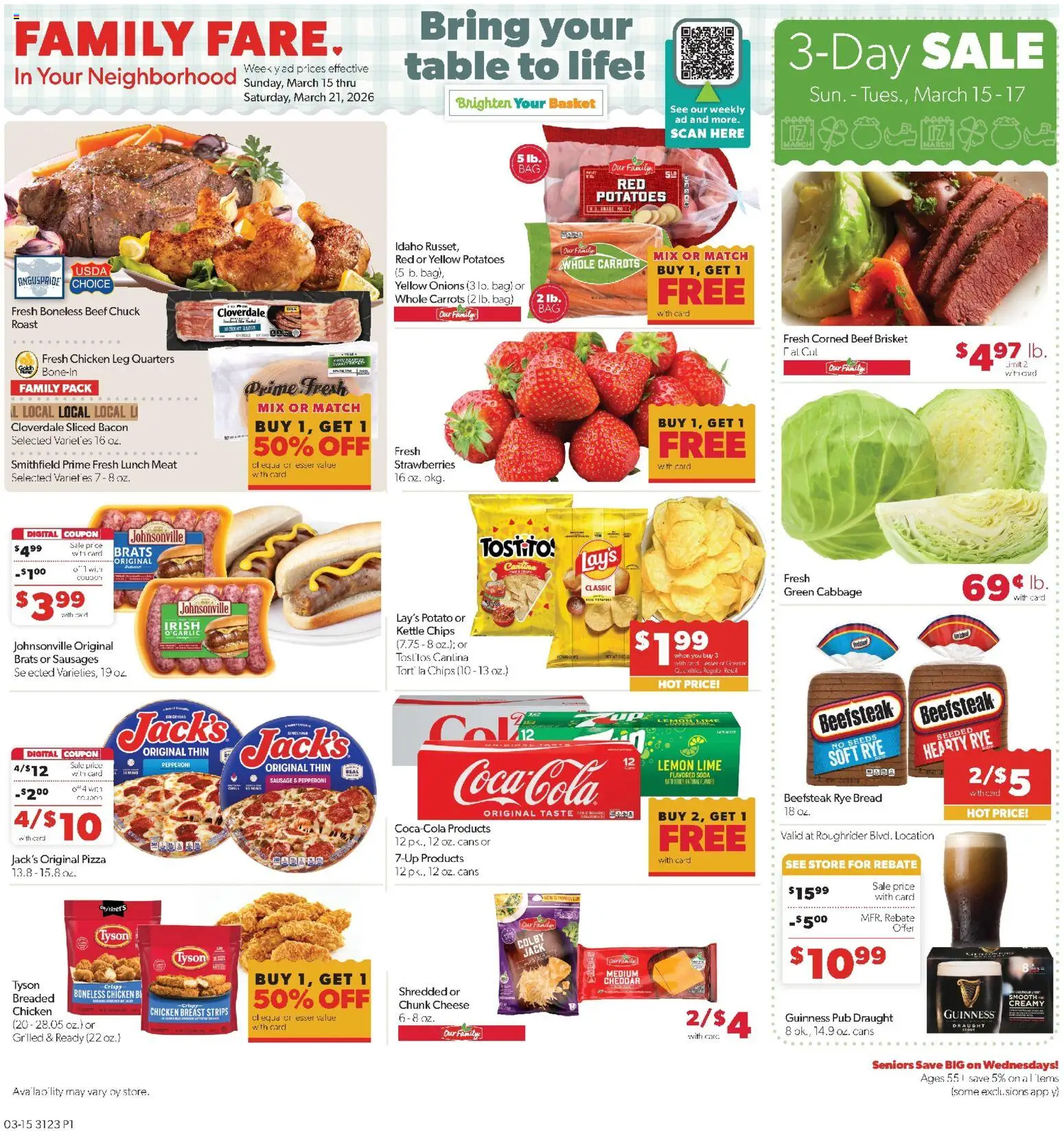 Family Fare Weekly Ad - valid from 15.03.2026 | Page: 1 | Products: Strawberries, Potatoes, Garlic, Kettle