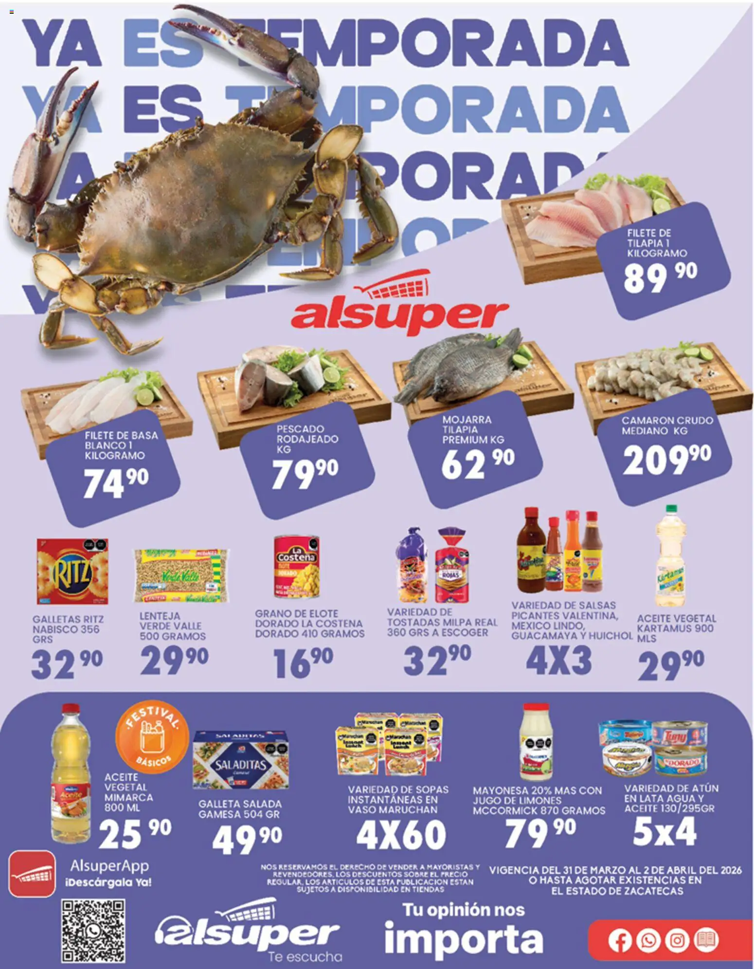 Nuevas ofertas de Alsuper válidas en toda la República Mexicana desde el 31/03/2026. ¡Encuentra las mejores ofertas en Alsuper folleto Zacatecas! | Página: 1 | Productos: Atún, Aceite, Galletas, Sobre
