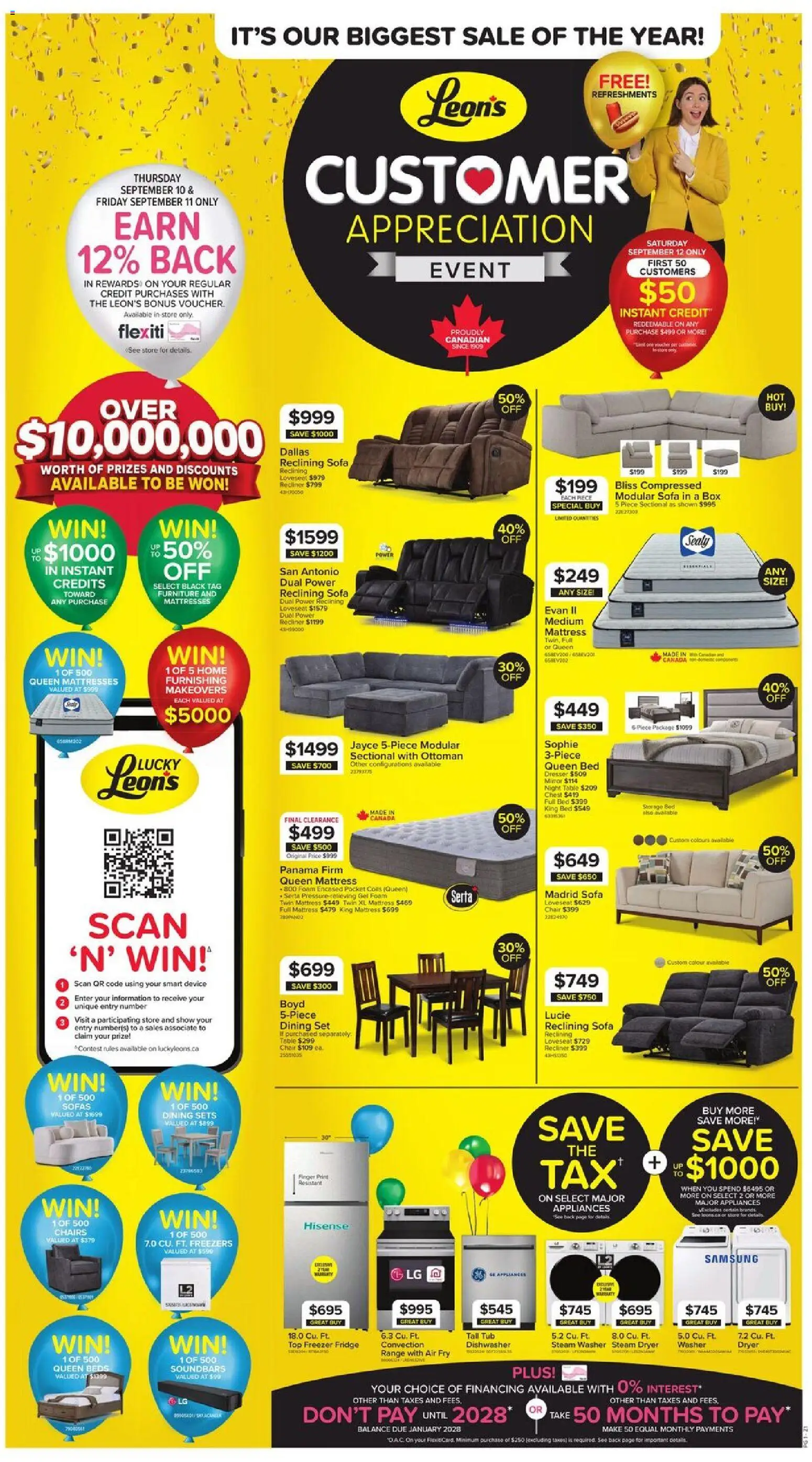 Leon's flyer valid from Sep 10, 2026 | Page: 1 | Products: Dresser, Dryer, Bed, Chairs