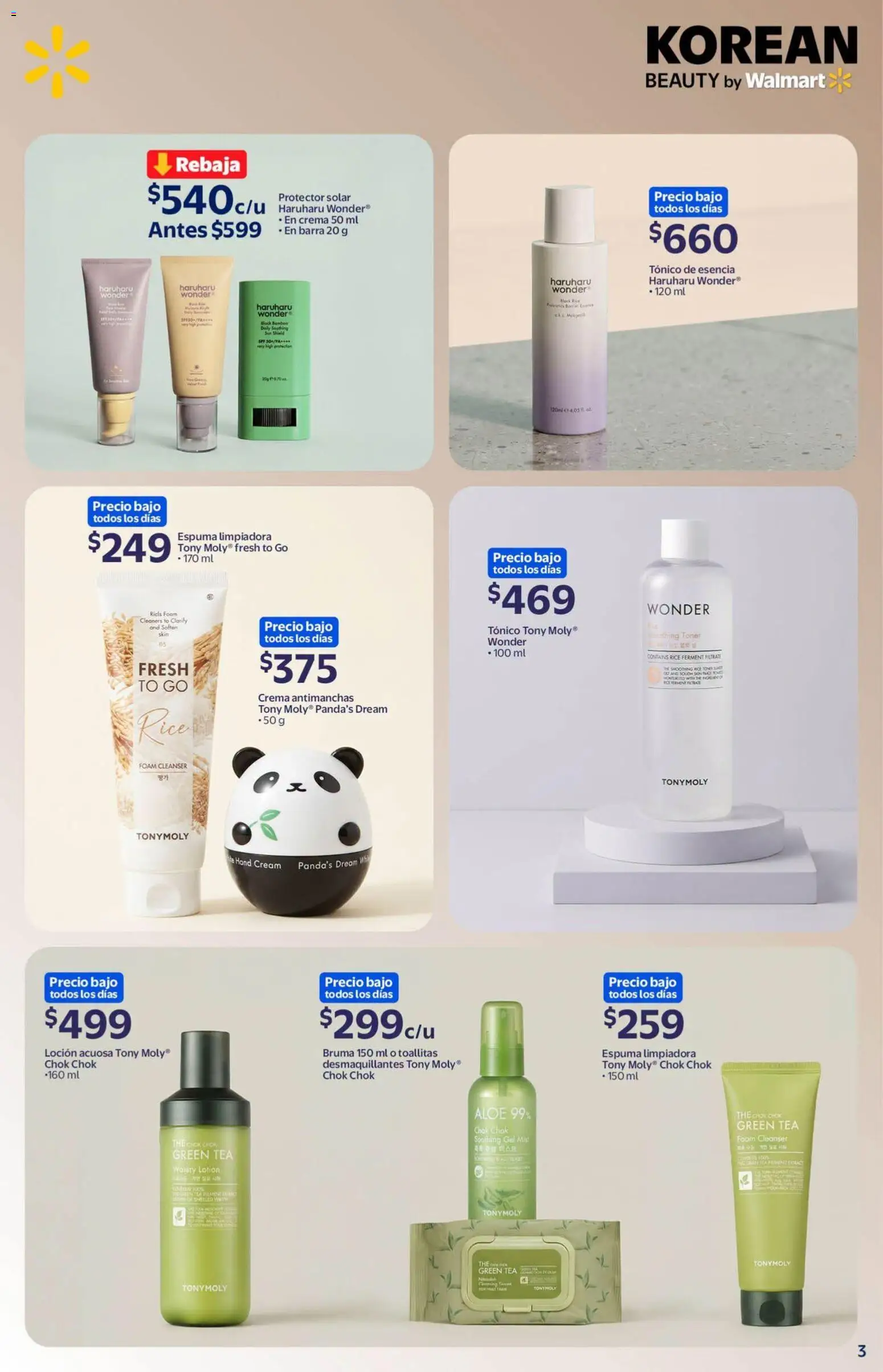 Nuevas ofertas de Walmart válidas en toda la República Mexicana desde el 18/09/2026. ¡Encuentra las mejores ofertas en Walmart folleto Tu rutina K-Beauty a precios bajos.! | Página: 3 | Productos: Loción, Toner, Barra, Té