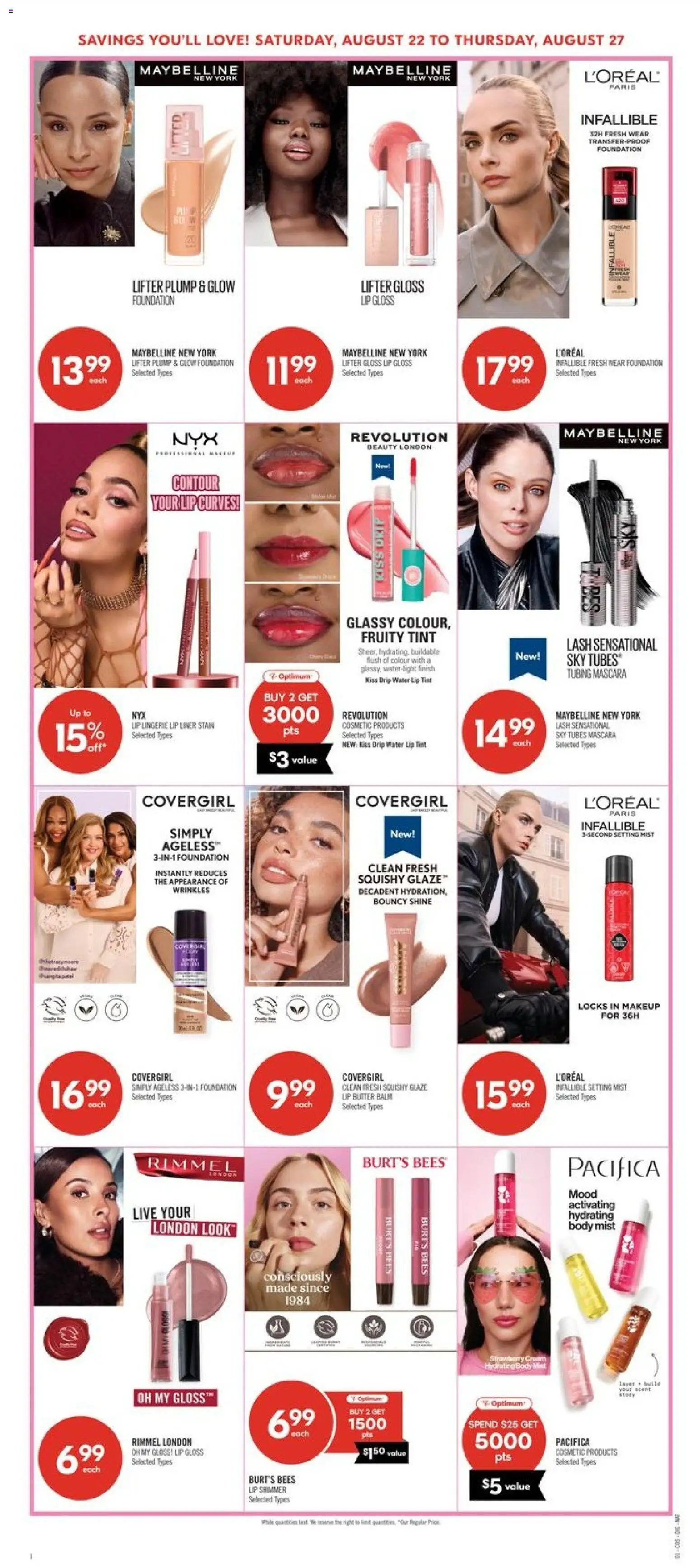 Shoppers flyer valid from Aug 22, 2026 | Page: 13 | Products: Water, Tubes, Lip gloss, Butter