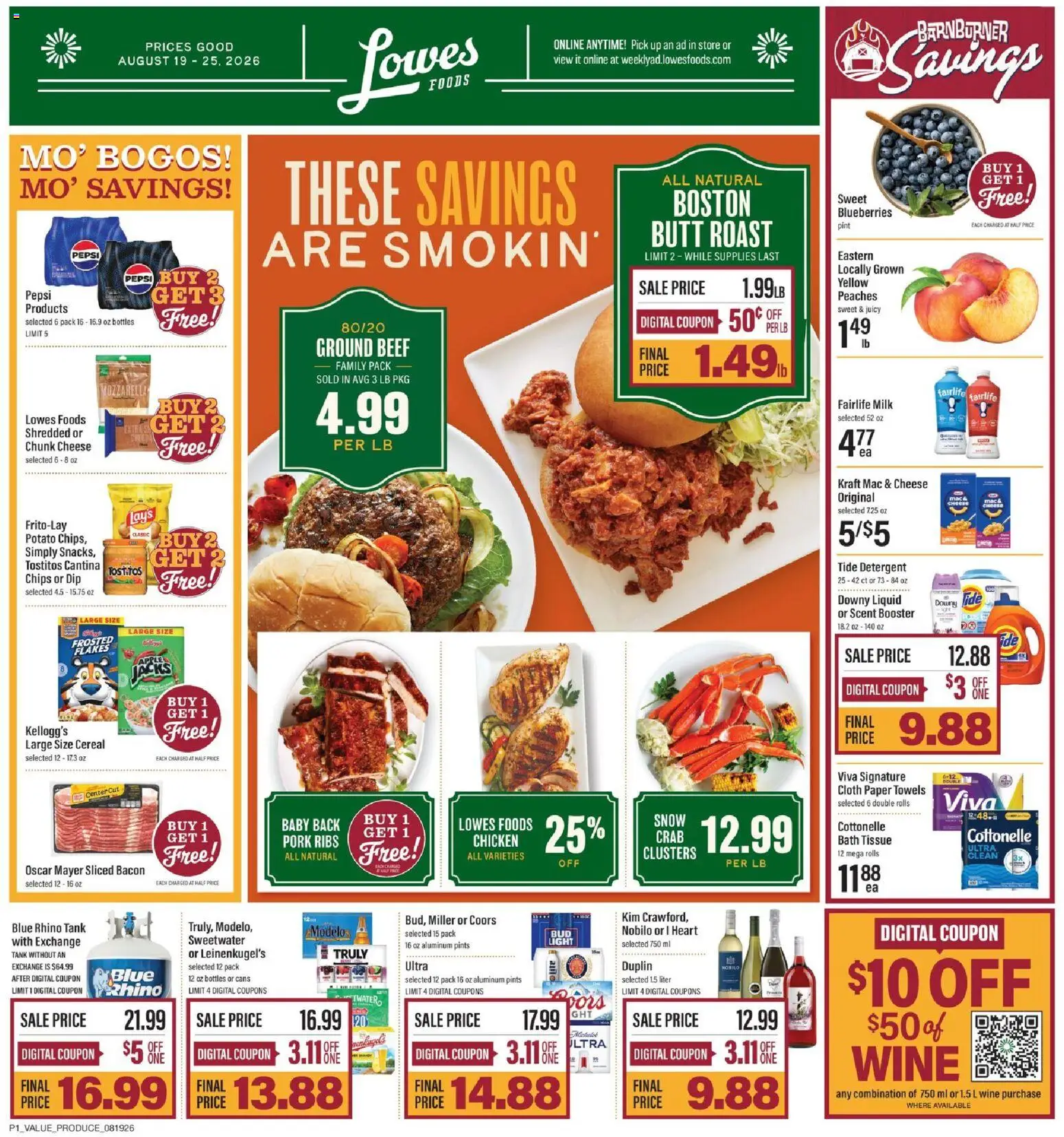 Lowes Foods Weekly Ad - NC - valid from 08/19/2026 | Page: 1 | Products: Peaches, Pork ribs, Wine, Cereal