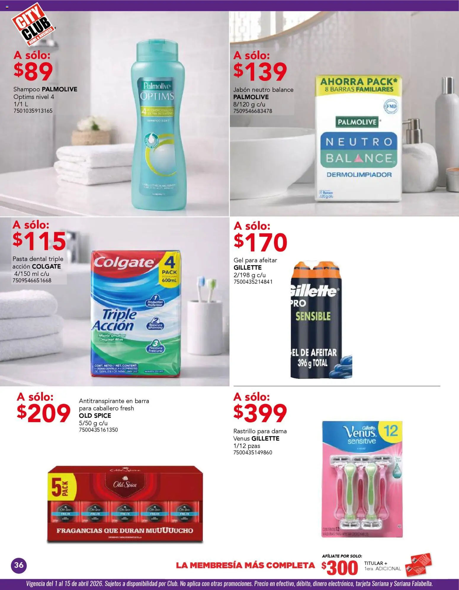 Nuevas ofertas de City Club válidas en toda la República Mexicana desde el 01.04.2026. ¡Encuentra las mejores ofertas en City Club catálogo! | Página: 36 | Productos: Rastrillo, Pasta, Barra, Jabón