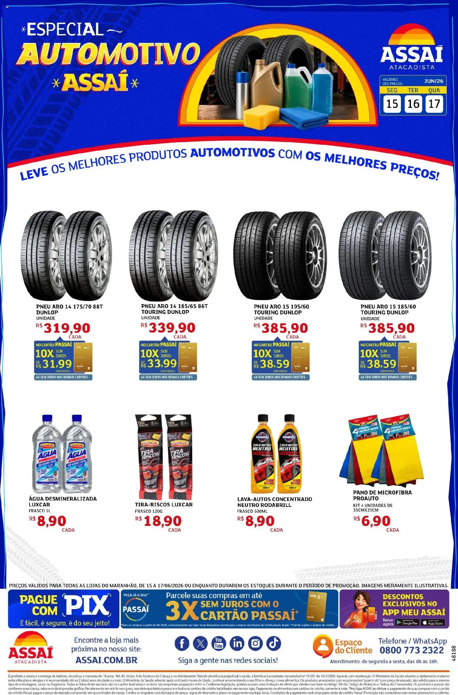Assaí Atacadista Folheto - válido de 15.06.2026 | Página: 1 | Produtos: Pneus, Base, Bebida, Telefone