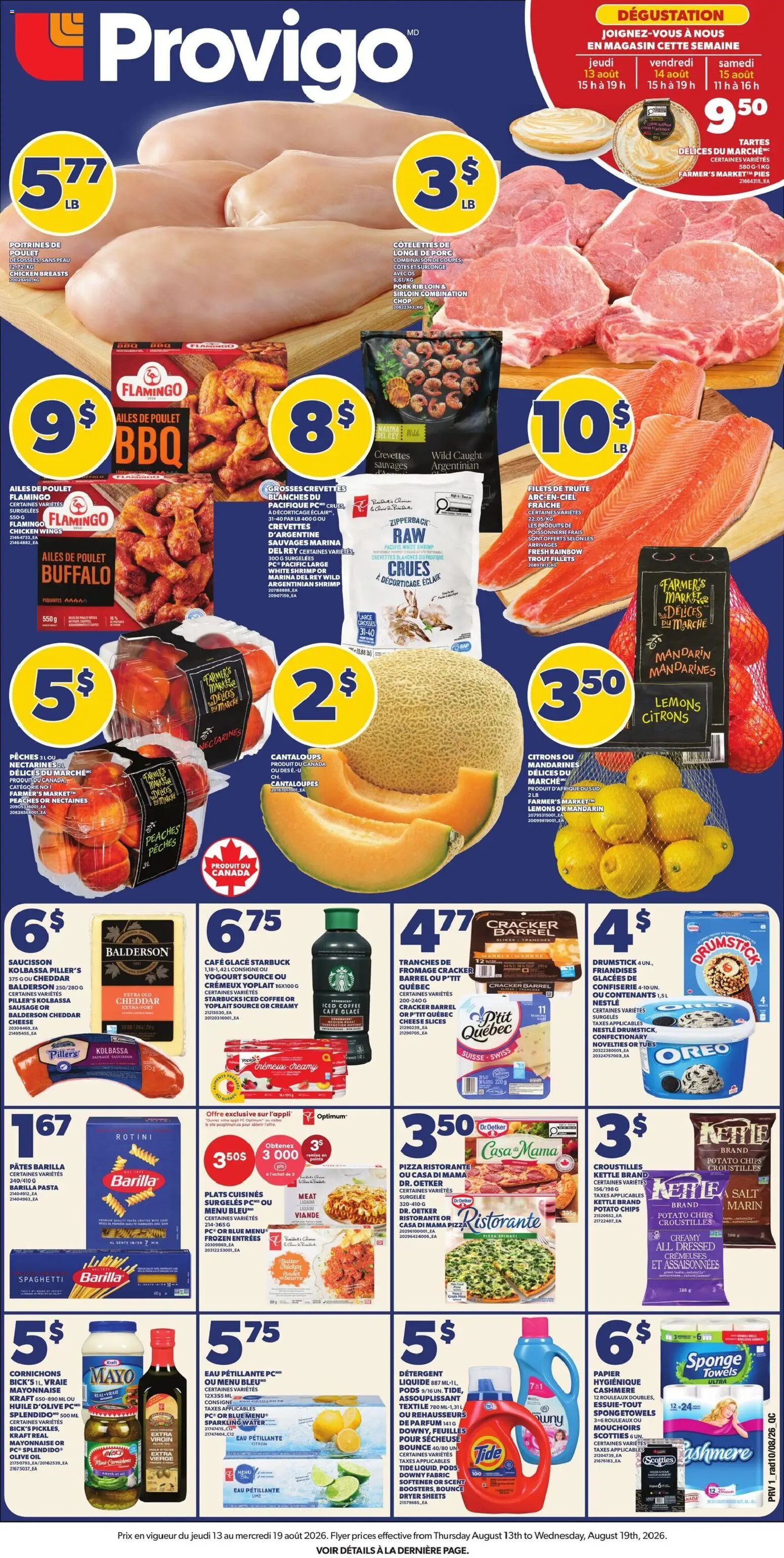 Provigo flyer valid from Aug 13, 2026 | Page: 2 | Products: Pasta, Chicken breasts, Trout, Lasagne
