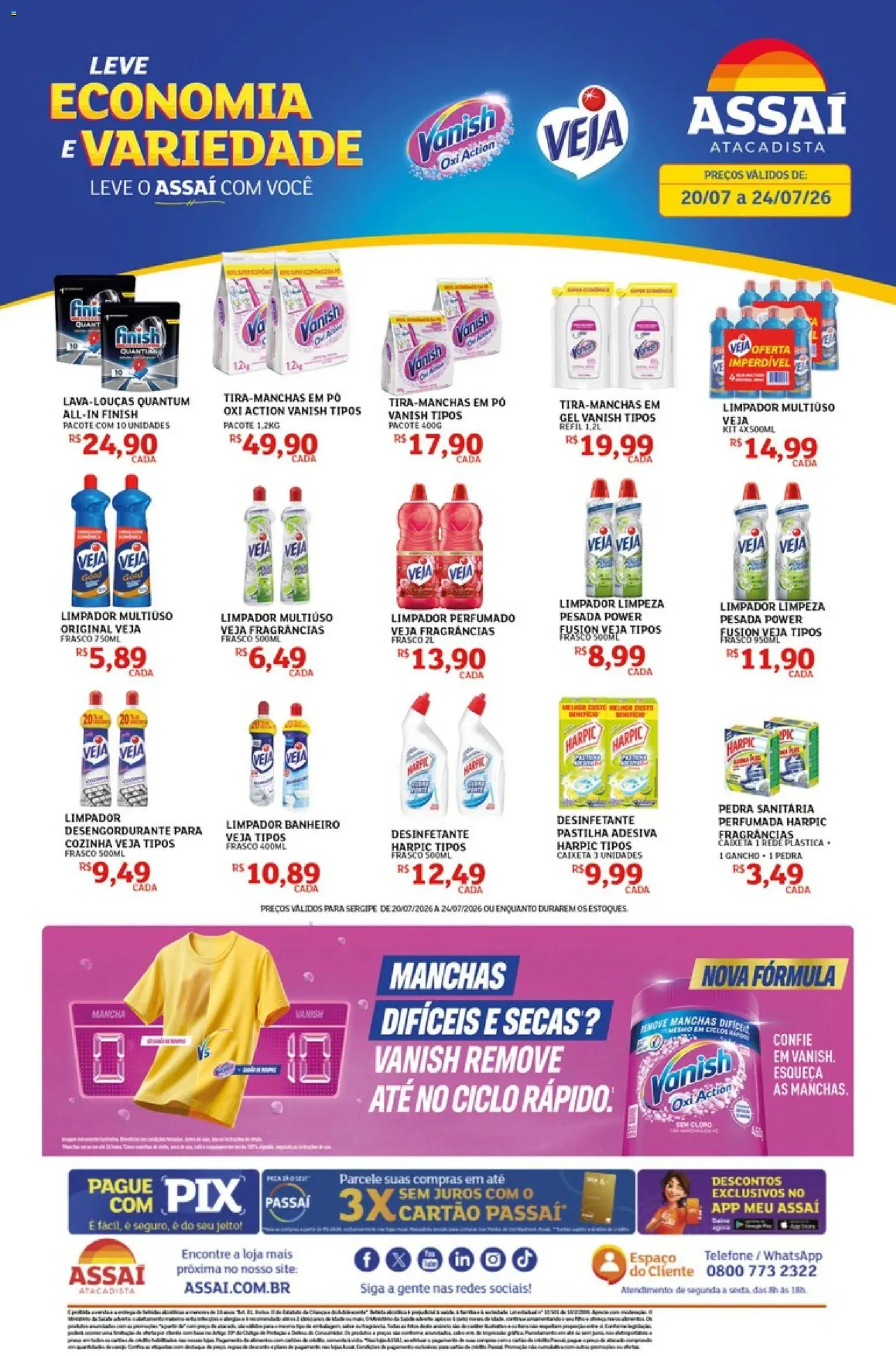 Assaí Atacadista Folheto - válido de 20/07/2026 | Página: 1 | Produtos: Pó, Cloro, Limpador multiuso, Telefone