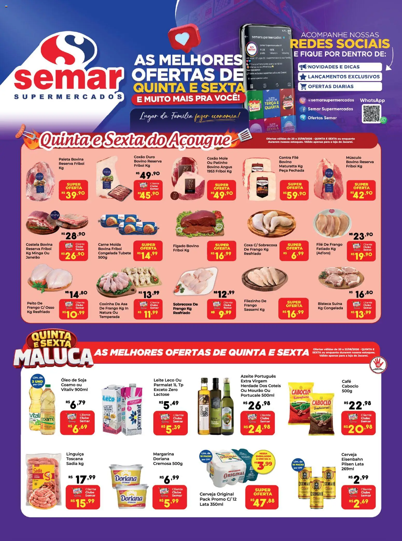 Semar Supermercado Folheto - válido de 20/08/2026 | Página: 1 | Produtos: Coxão mole, Eisenbahn, Frango, Margarina