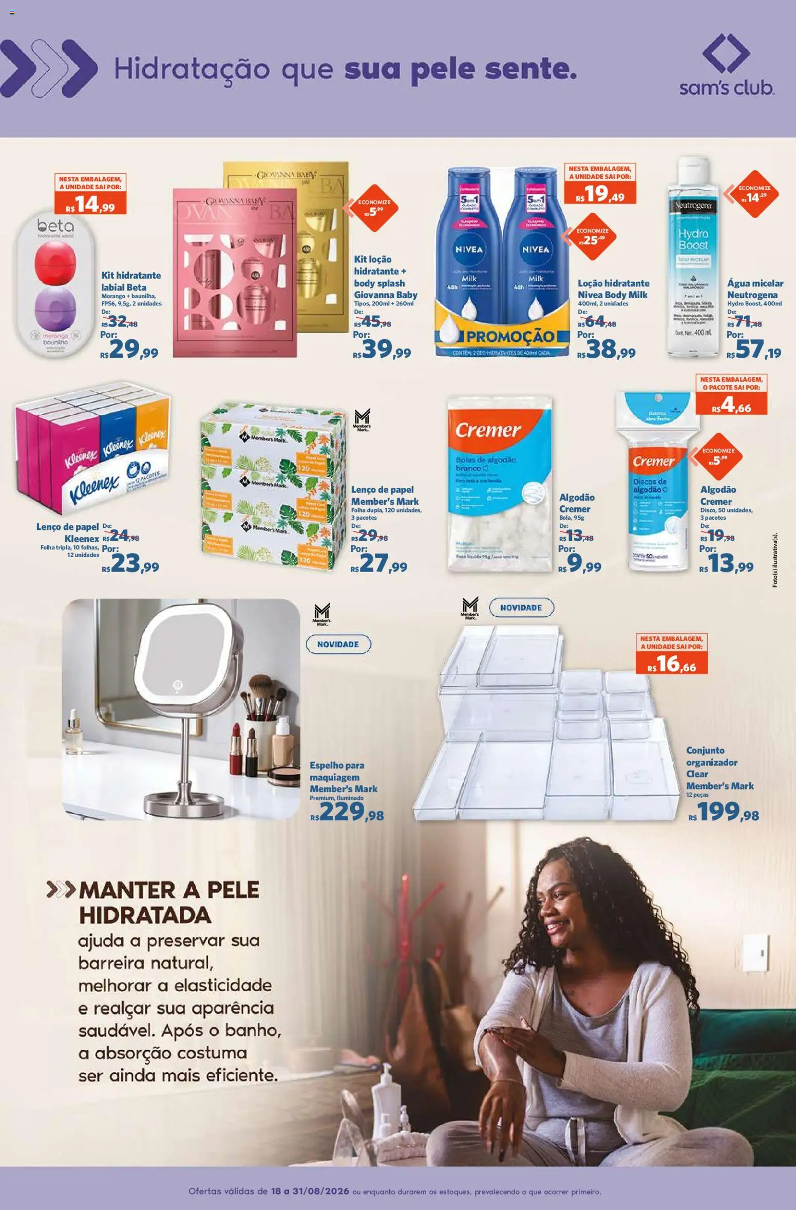 Sam's Club Folheto - válido de 18/08/2026 | Página: 8 | Produtos: Maquiagem, Organizador, Água micelar, Lenço