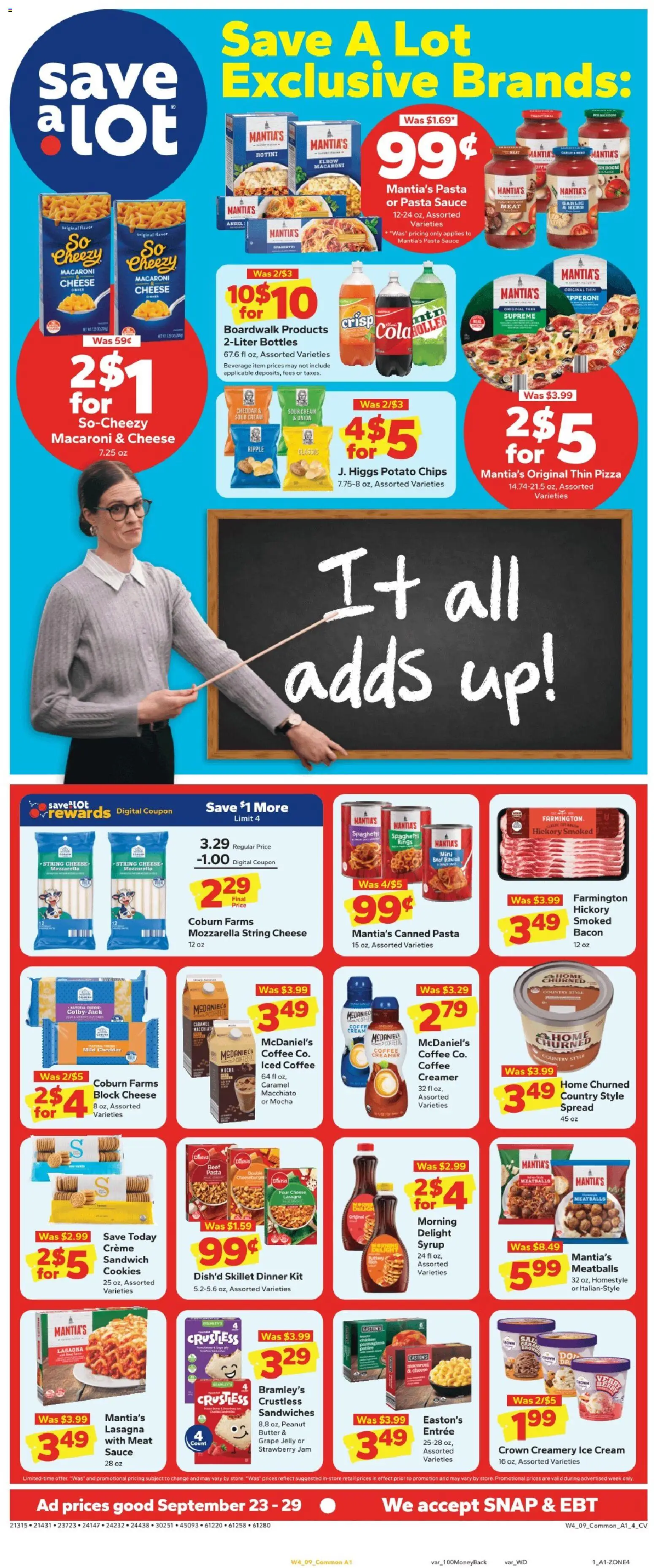 Save a Lot Weekly Ad - valid from 09/23/2026 | Page: 1 | Products: Cheese, Pasta, Bacon, Iced coffee