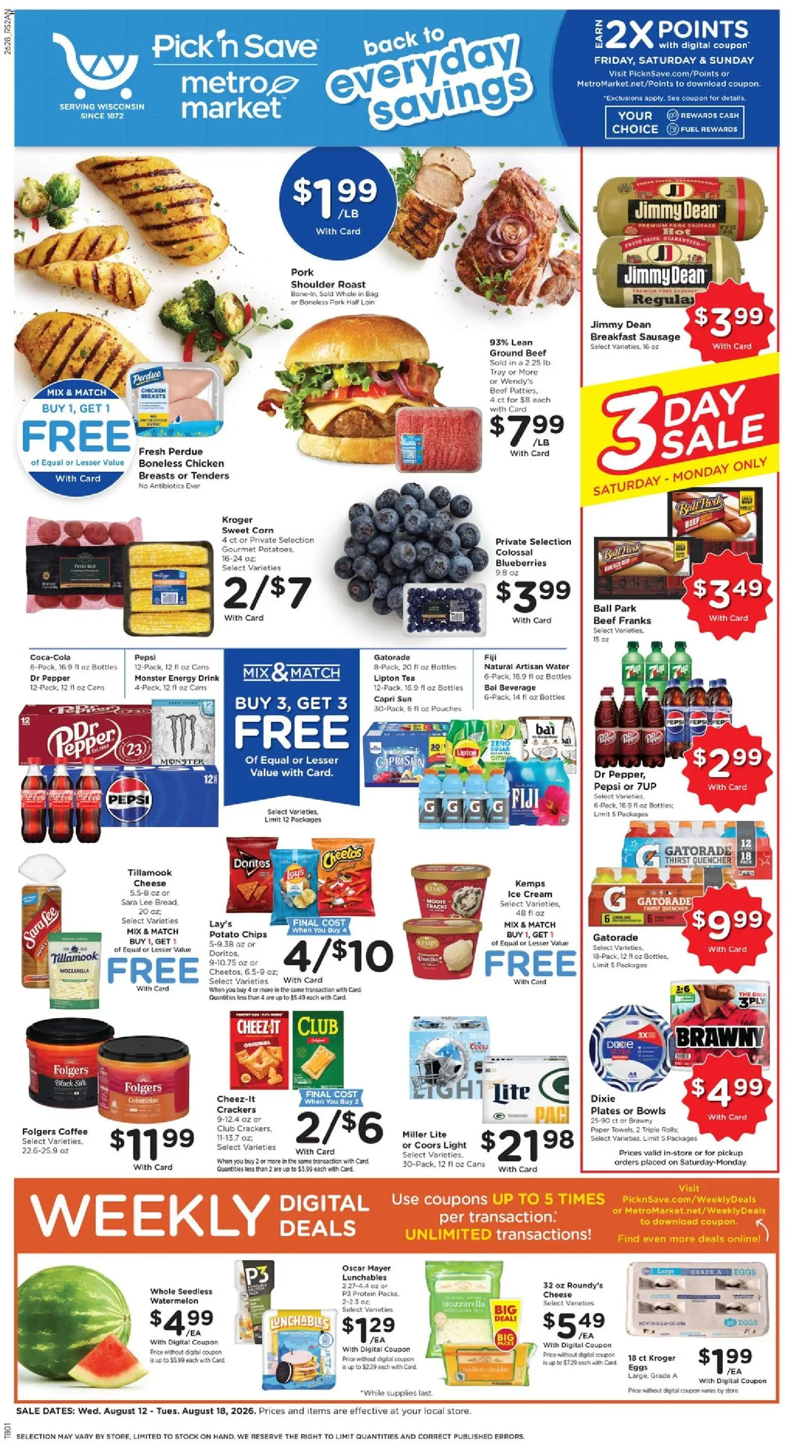 Pick ‘n Save Weekly Ad - valid from 08/12/2026 | Page: 1 | Products: Chicken, Beef, Cream, Sausage