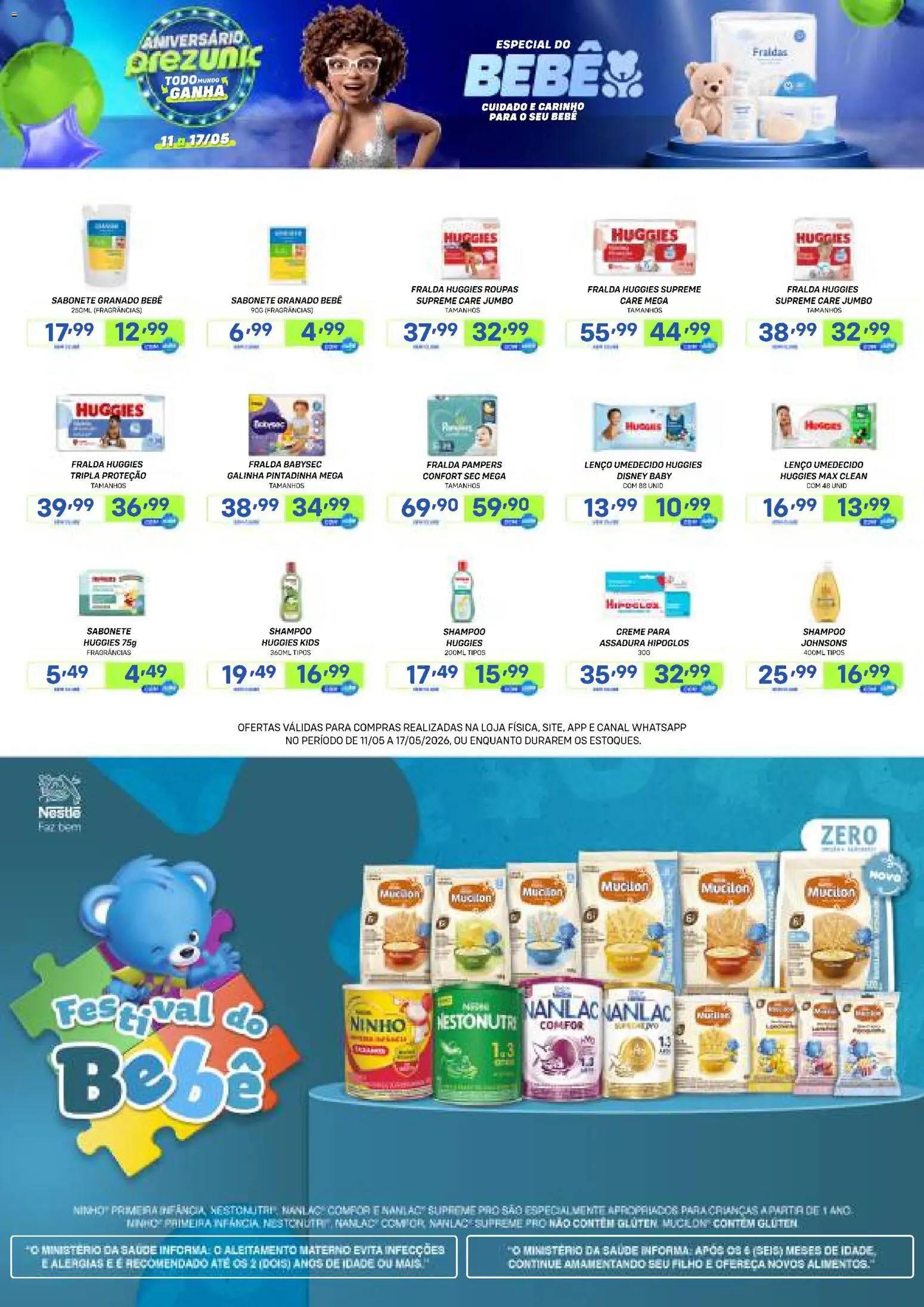 Prezunic Folheto - válido de 11.05.2026 | Página: 1 | Produtos: Fralda pampers, Creme, Lenço umedecido, Mucilon