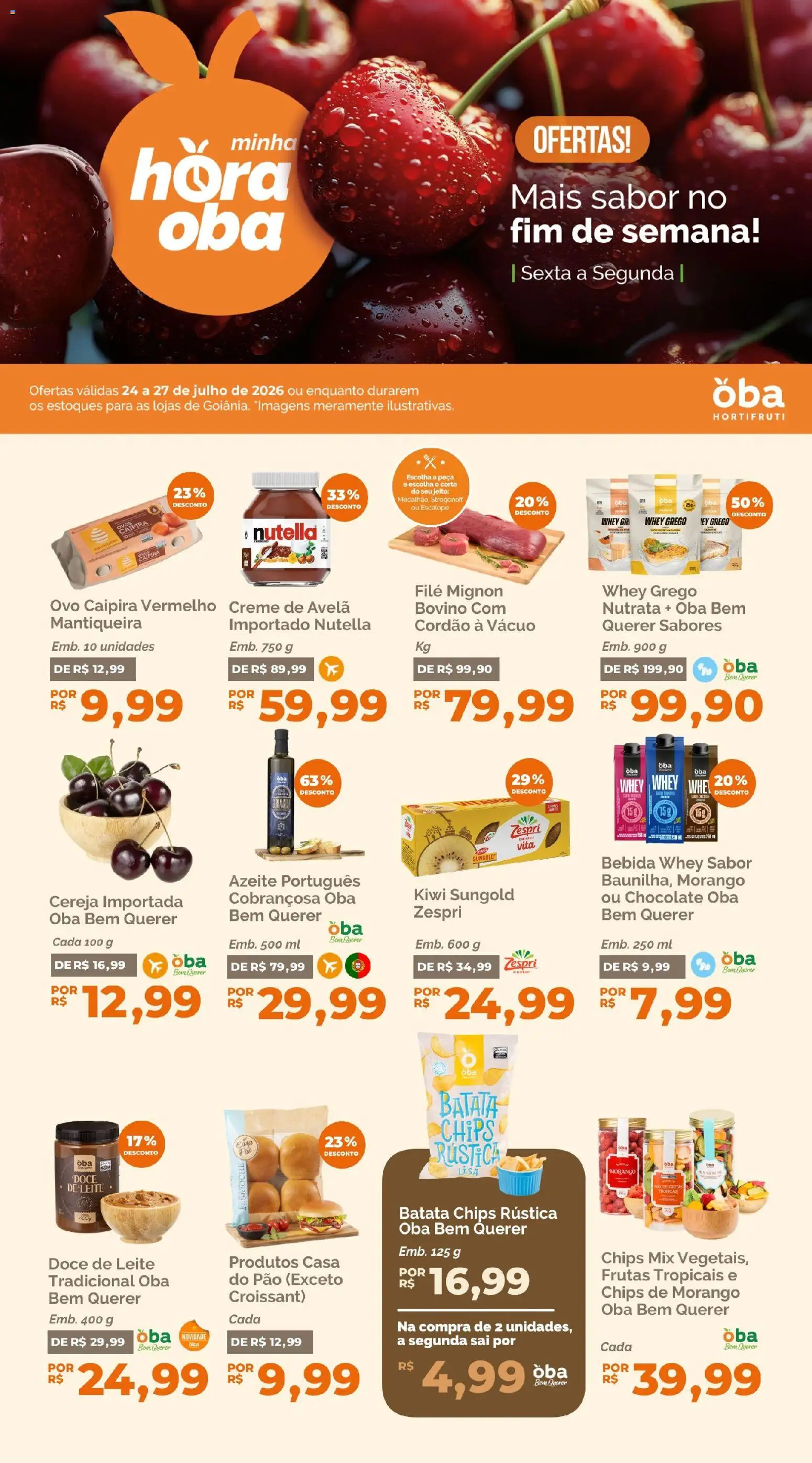 Oba Hortifruti Folheto - válido de 24/07/2026 | Página: 1 | Produtos: Cereja, Filé mignon, Pão, Azeite