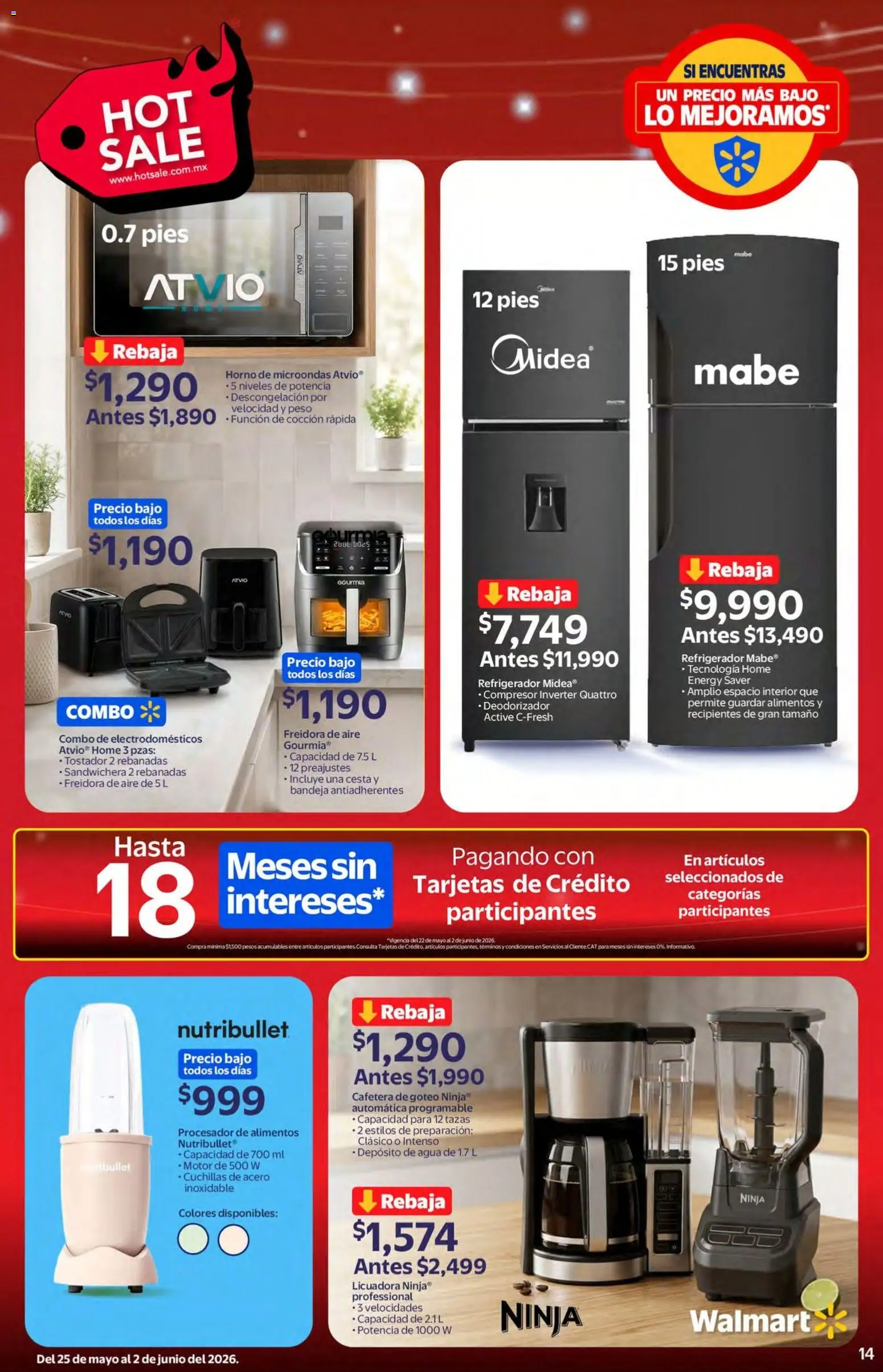 Nuevas ofertas de Walmart válidas en toda la República Mexicana desde el 25.05.2026. ¡Encuentra las mejores ofertas en Walmart Hot Sale! | Página: 14 | Productos: Refrigerador, Sandwichera, Microondas, Cafetera