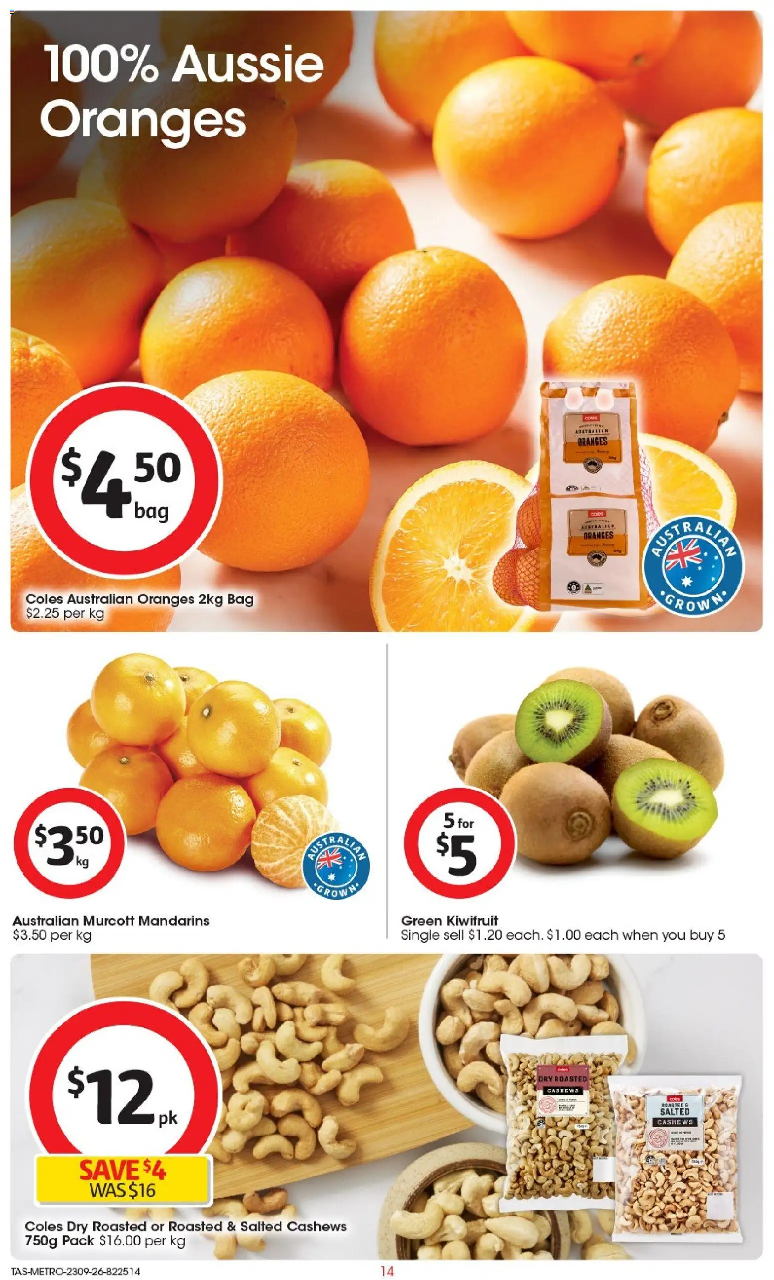 Coles catalogue - valid from 23/09/2026 | Page: 14 | Products: Oranges, Kiwifruit, Mandarins, Bag