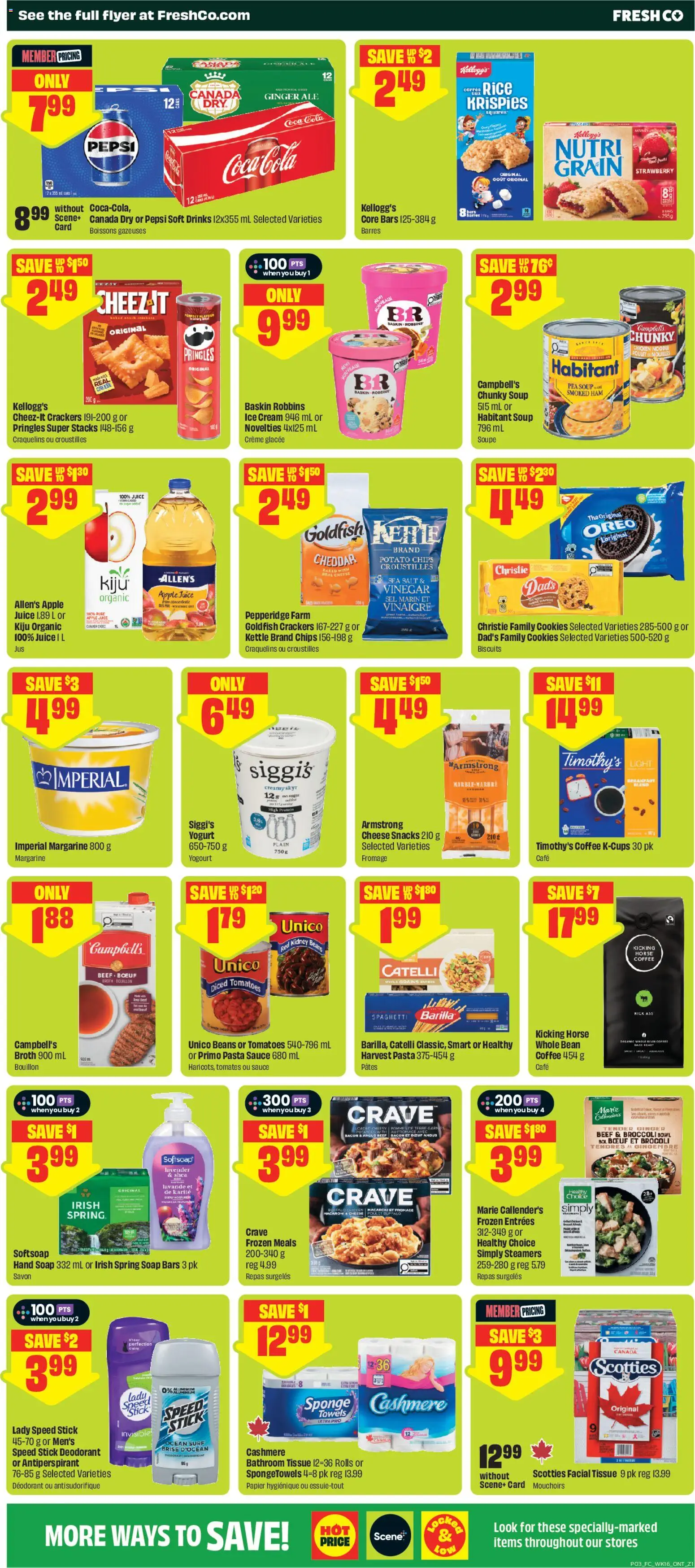 FreshCo flyer valid from Aug 13, 2026 | Page: 4 | Products: Oatmeal, Broth, Cheese, Coffee