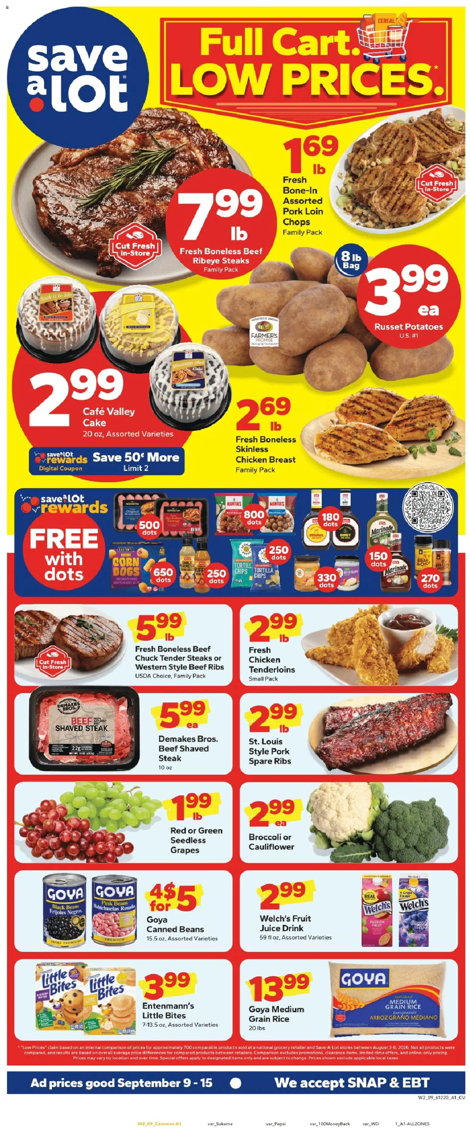 Save a Lot Weekly Ad - valid from 09/09/2026 | Page: 1 | Products: Juice, Potatoes, Cake, Cauliflower