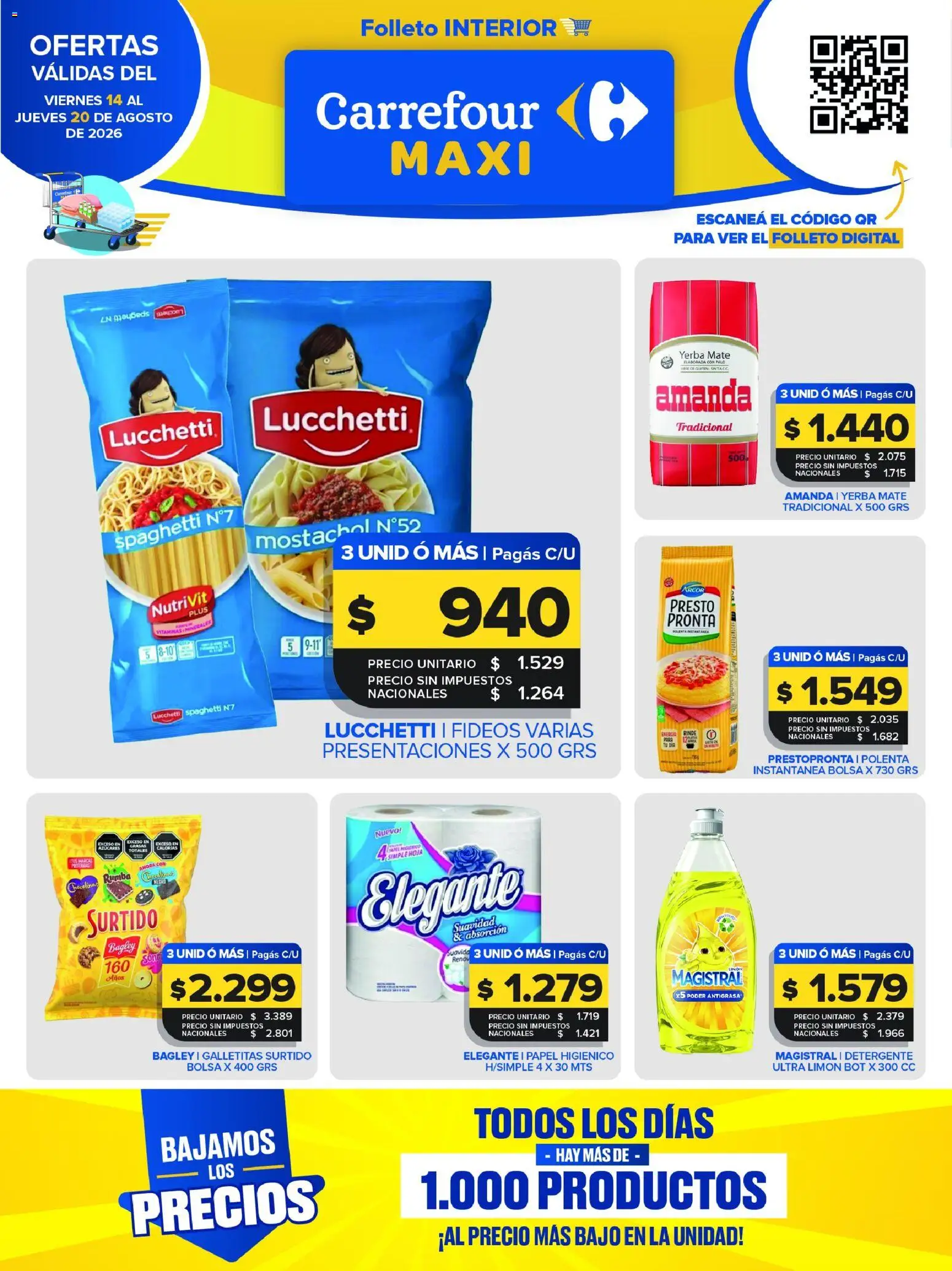 Carrefour Maxi catálogo │ válido desde el 14/08/2026 | Página: 1 | Productos: Bolsa, Galletitas, Detergente, Spaghetti