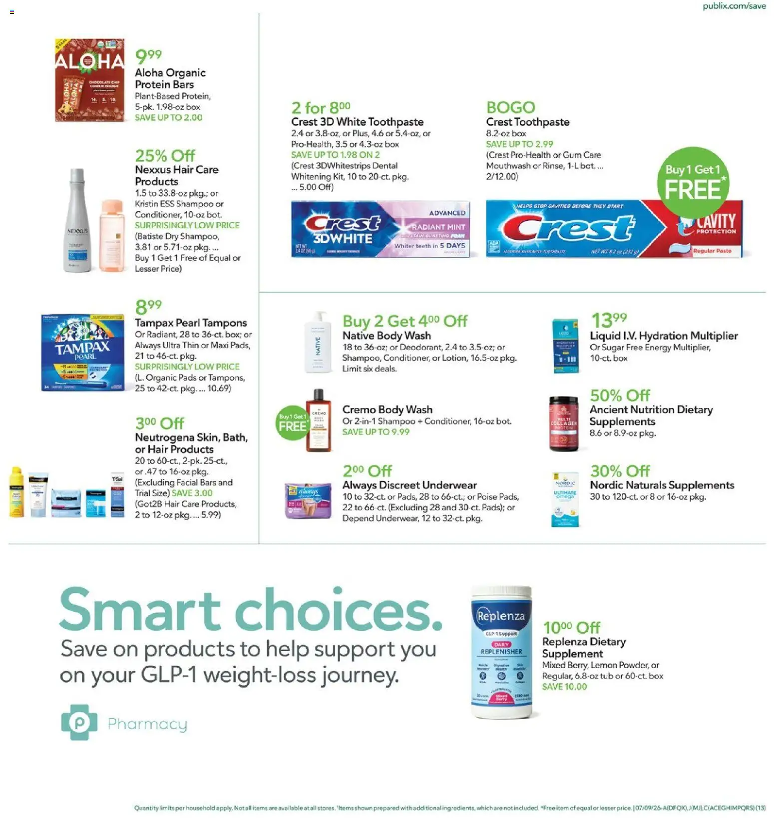Publix Weekly Ad - valid from 07/08/2026 | Page: 13 | Products: Omega, Tampons, Body Wash, Lemon