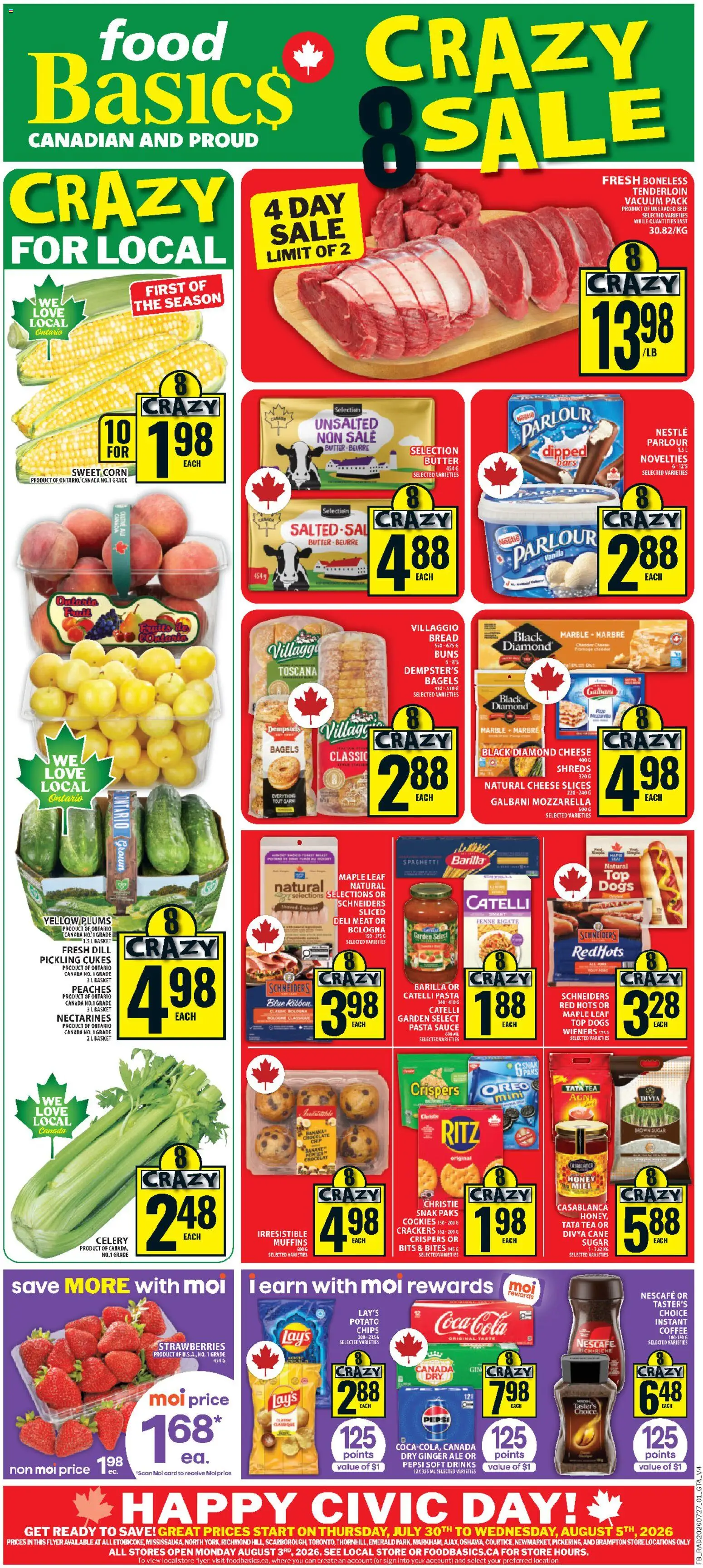 Food Basics flyer valid from Jul 30, 2026 | Page: 1 | Products: Strawberries, Pasta, Chips, Cookies