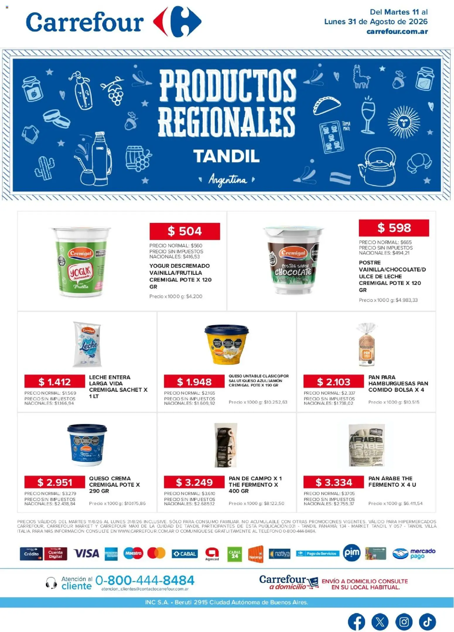 Carrefour - Regionales | Tandil │ válido desde el 11/08/2026 | Página: 1 | Productos: Bolsa, Pan de campo, Leche, Postre