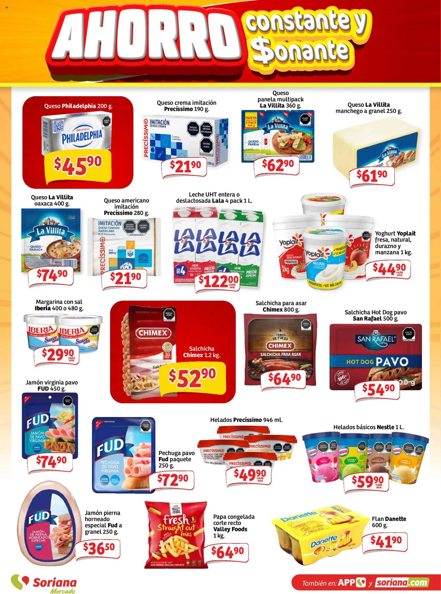Nuevas ofertas de Soriana válidas en toda la República Mexicana desde el 31/07/2026. ¡Encuentra las mejores ofertas en Soriana Ahorro constante y sonante Mercado Nacional! | Página: 4 | Productos: Queso crema, Manzana, Leche, Helado