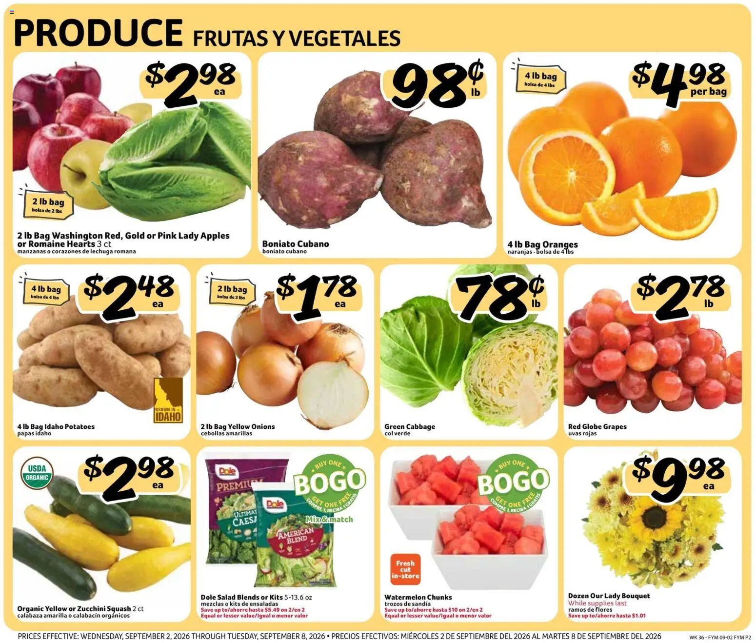 Fresco y Más Weekly Ad - valid from 09/02/2026 | Page: 2 | Products: Romaine, Potatoes, Watermelon, Grapes