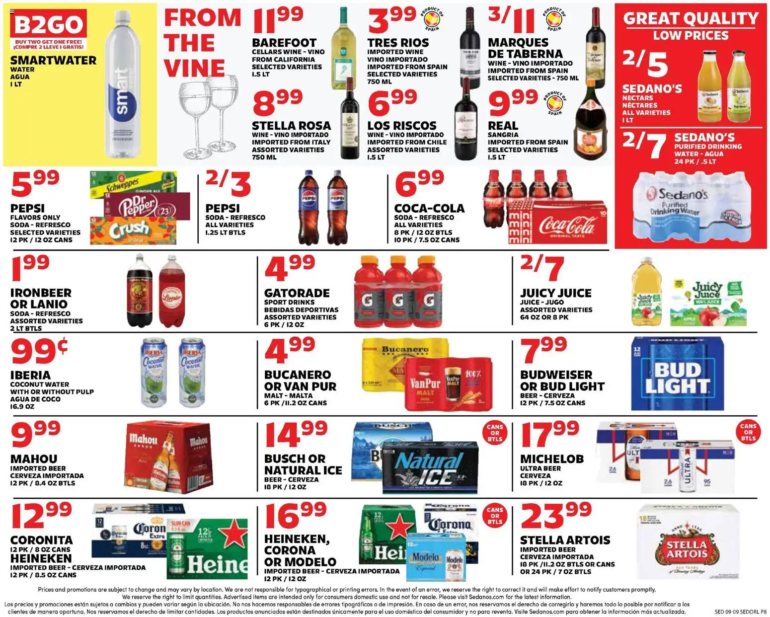Sedano's Weekly Ad - valid from 09/09/2026 | Page: 8 | Products: Juice, Beer, Ice, Coconut