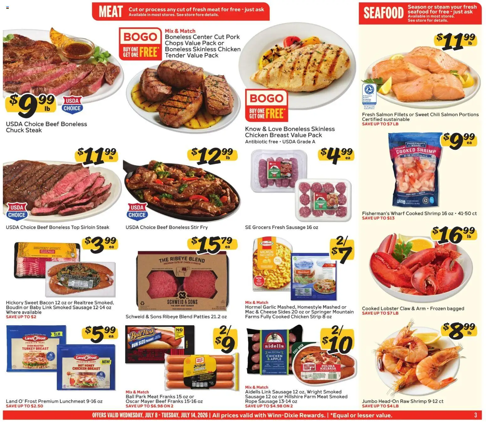 Winn Dixie Weekly Ad - valid from 07/08/2026 | Page: 3 | Products: Seafood, Sausage, Garlic, Oven
