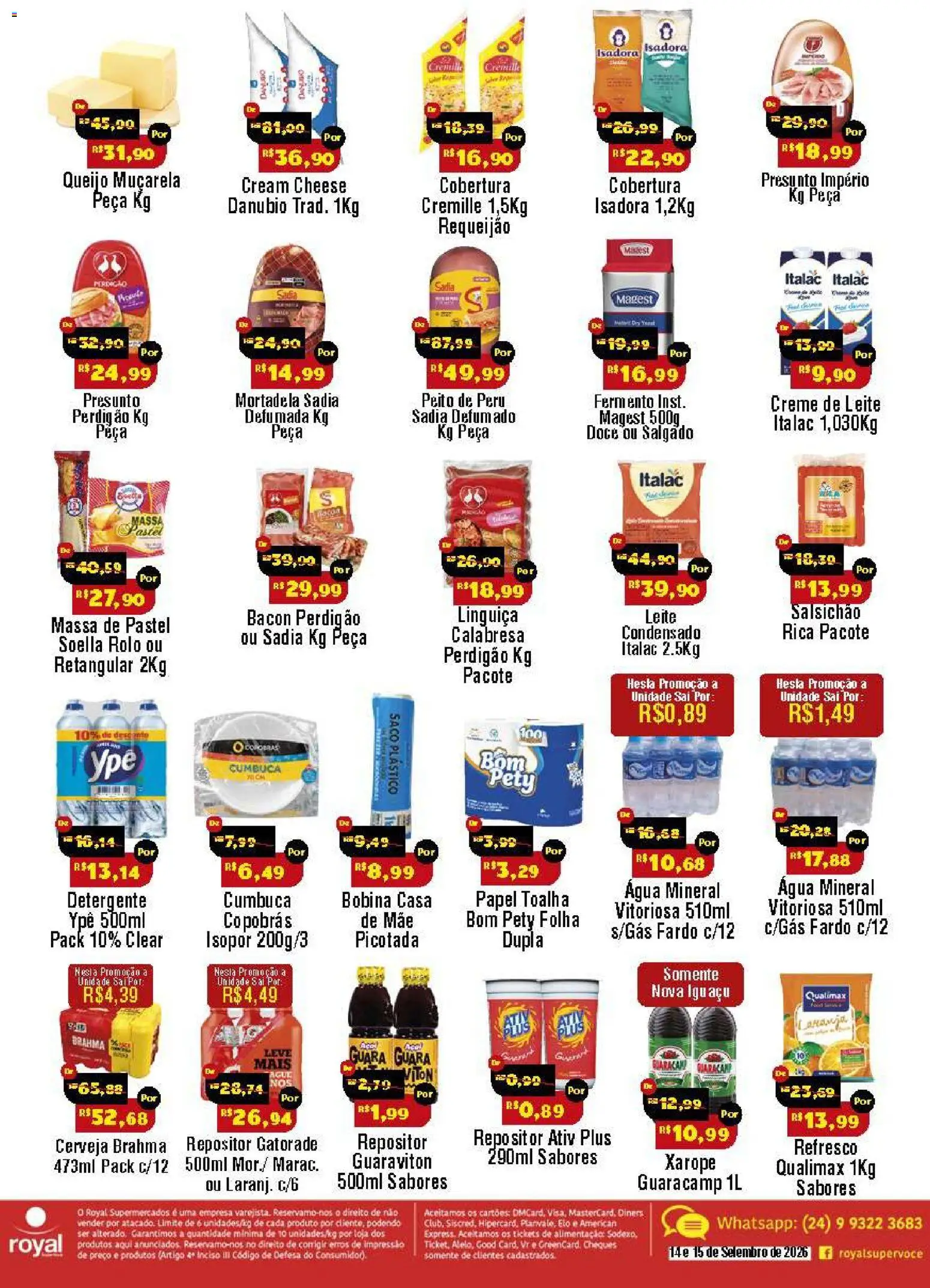 Royal Supermercados Folheto - válido de 14/09/2026 | Página: 2 | Produtos: Queijo muçarela, Linguiça, Água, Sal