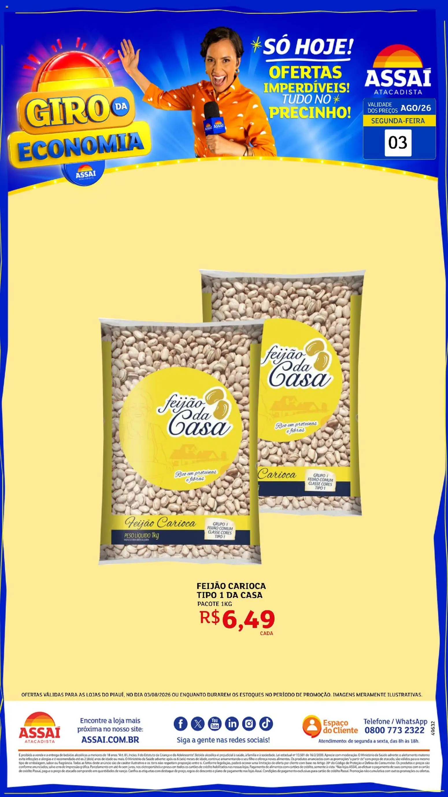 Assaí Atacadista Folheto - válido de 03/08/2026 | Página: 1 | Produtos: Feijão, Pneus, Base, Telefone