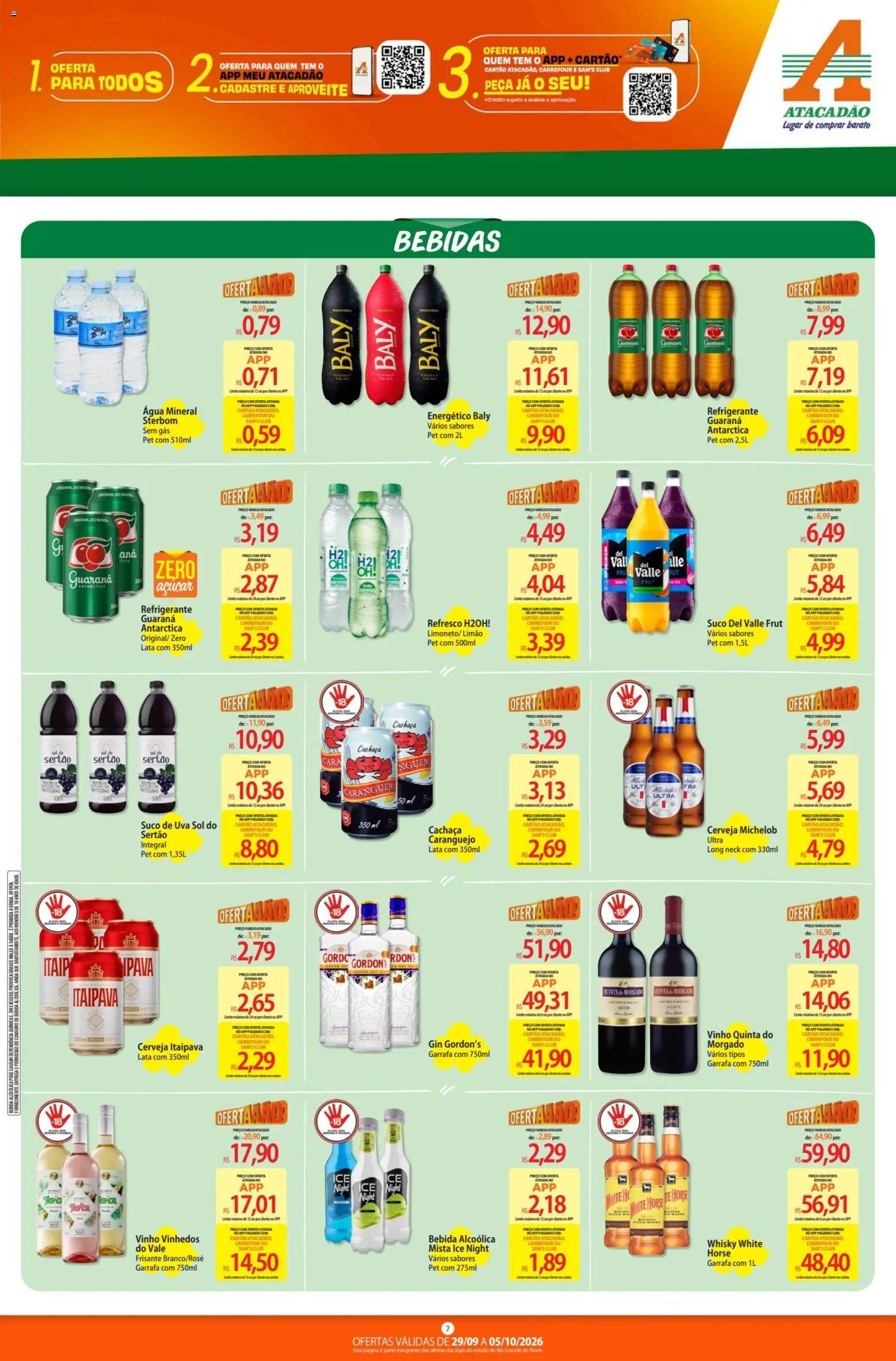 Atacadão Folheto - válido de 29/09/2026 | Página: 7 | Produtos: Cachaça, Leite, Caranguejo, Cerveja