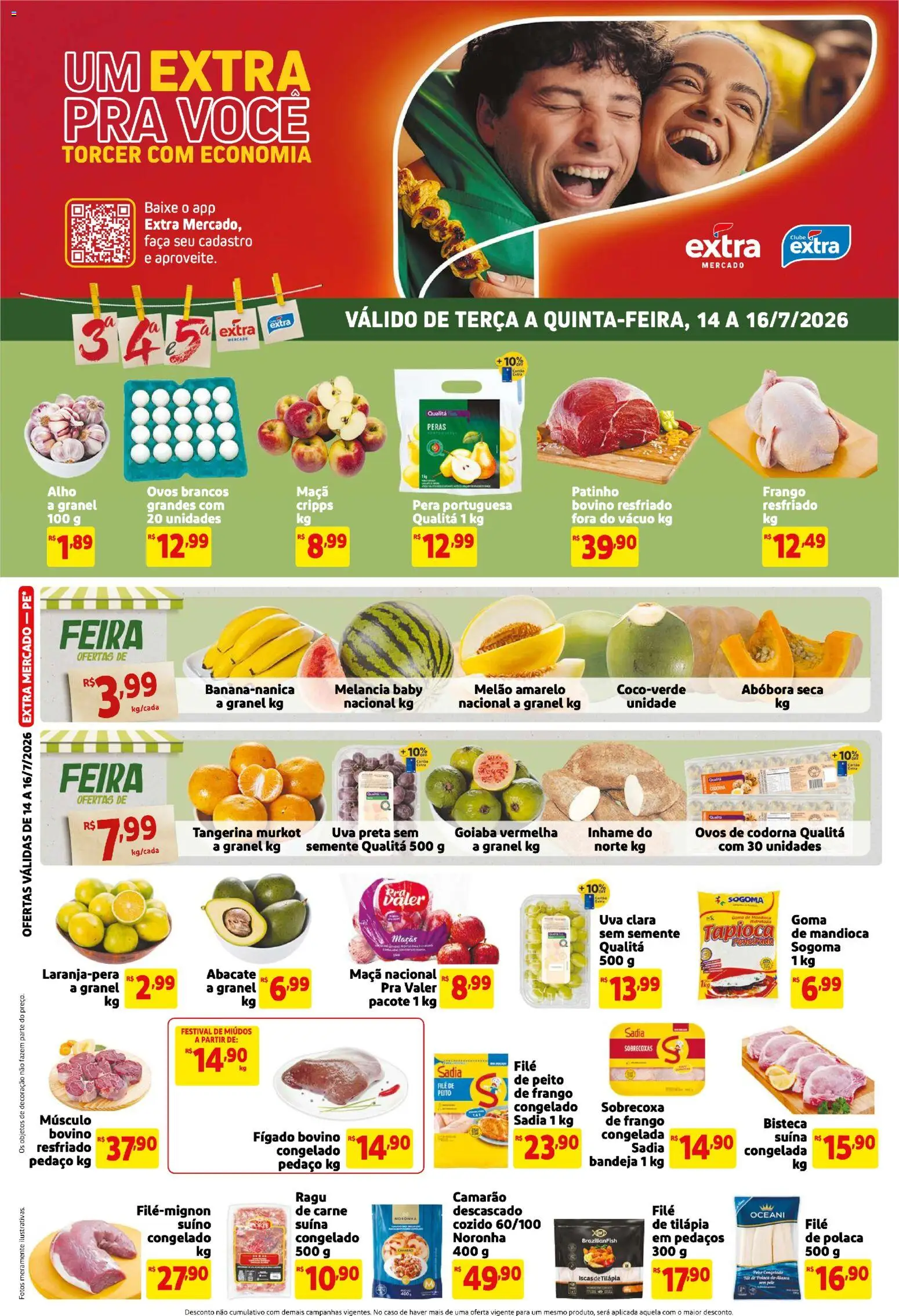 Extra Folheto - válido de 14/07/2026 | Página: 1 | Produtos: Camarão, Faca, Maçãs, Frango