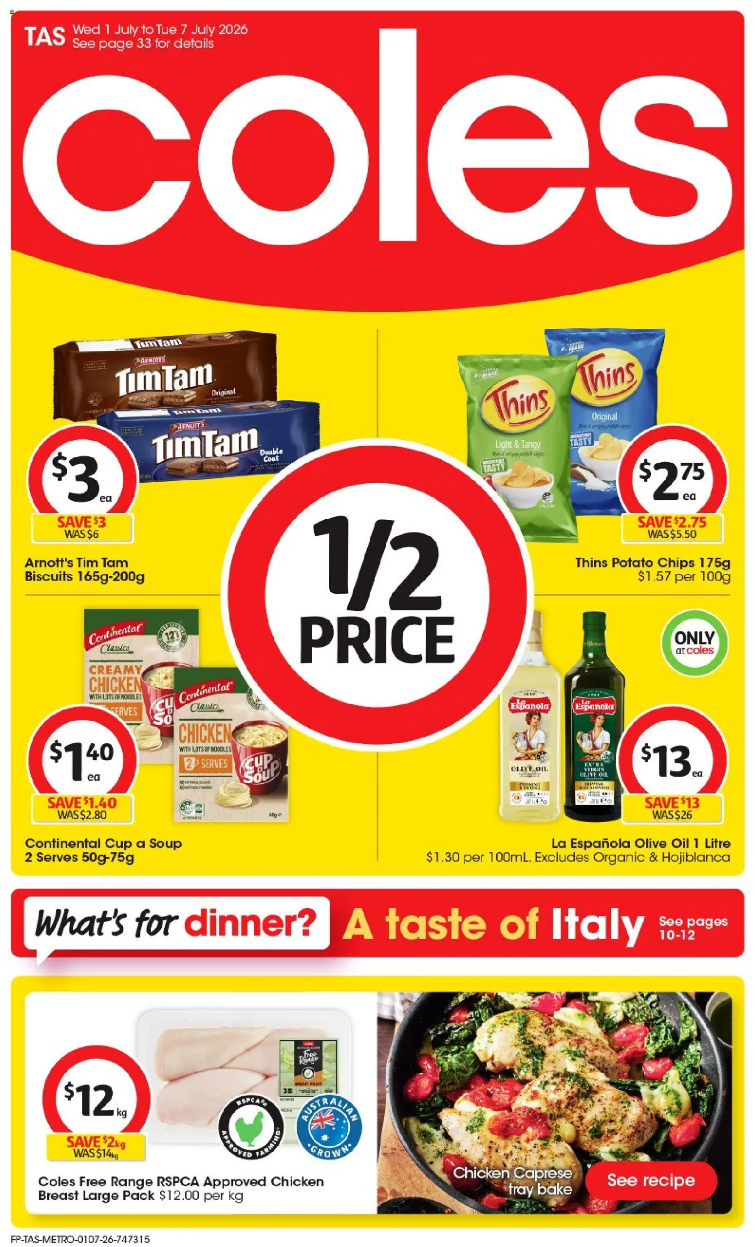 Coles catalogue - valid from 01/07/2026 | Page: 1 | Products: Light, Chips, Olive oil, Biscuits