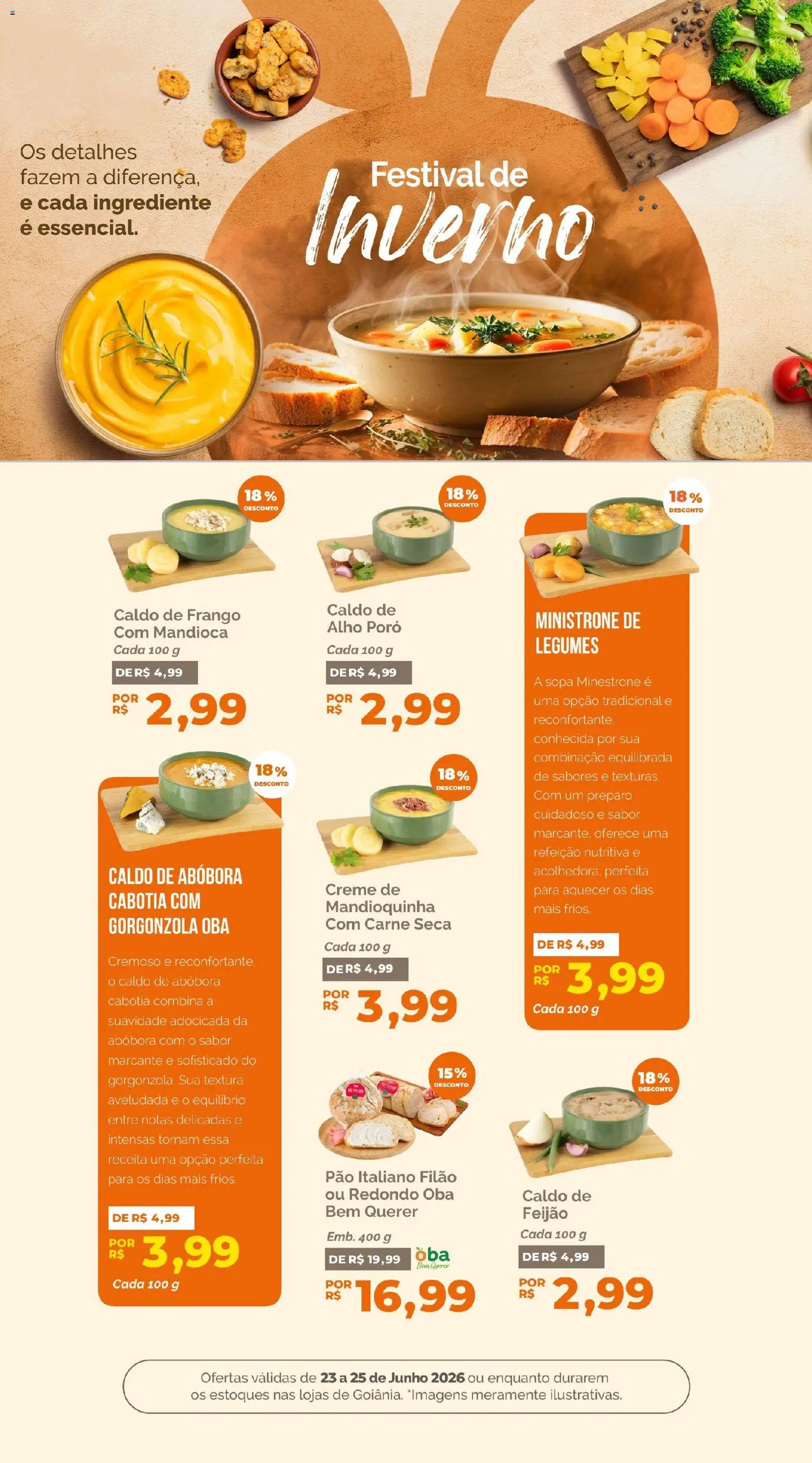 Oba Hortifruti Folheto - válido de 23/06/2026 | Página: 4 | Produtos: Feijão, Mandioca, Mandioquinha, Carne