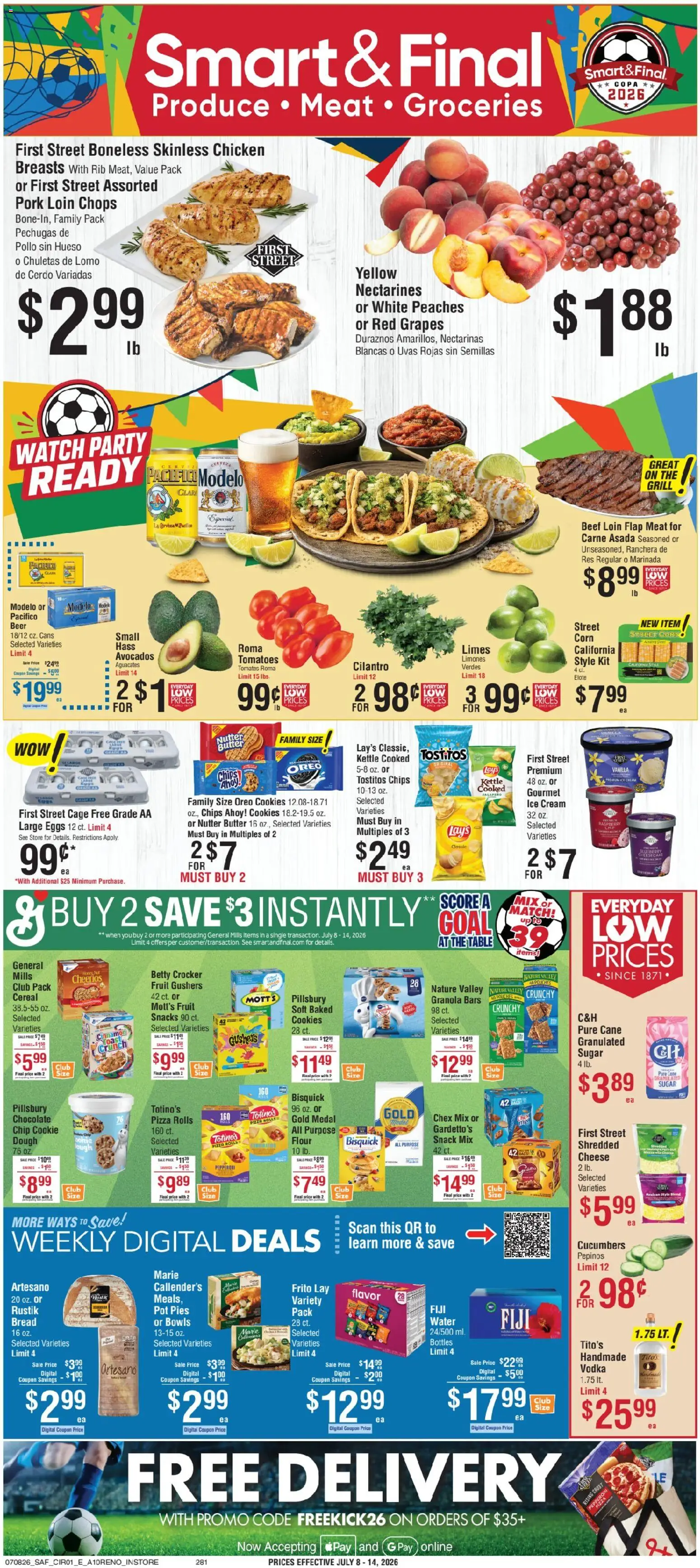 Smart & Final Weekly Ad - valid from 07/08/2026 | Page: 1 | Products: Eggs, Pizza, Vodka, Watch