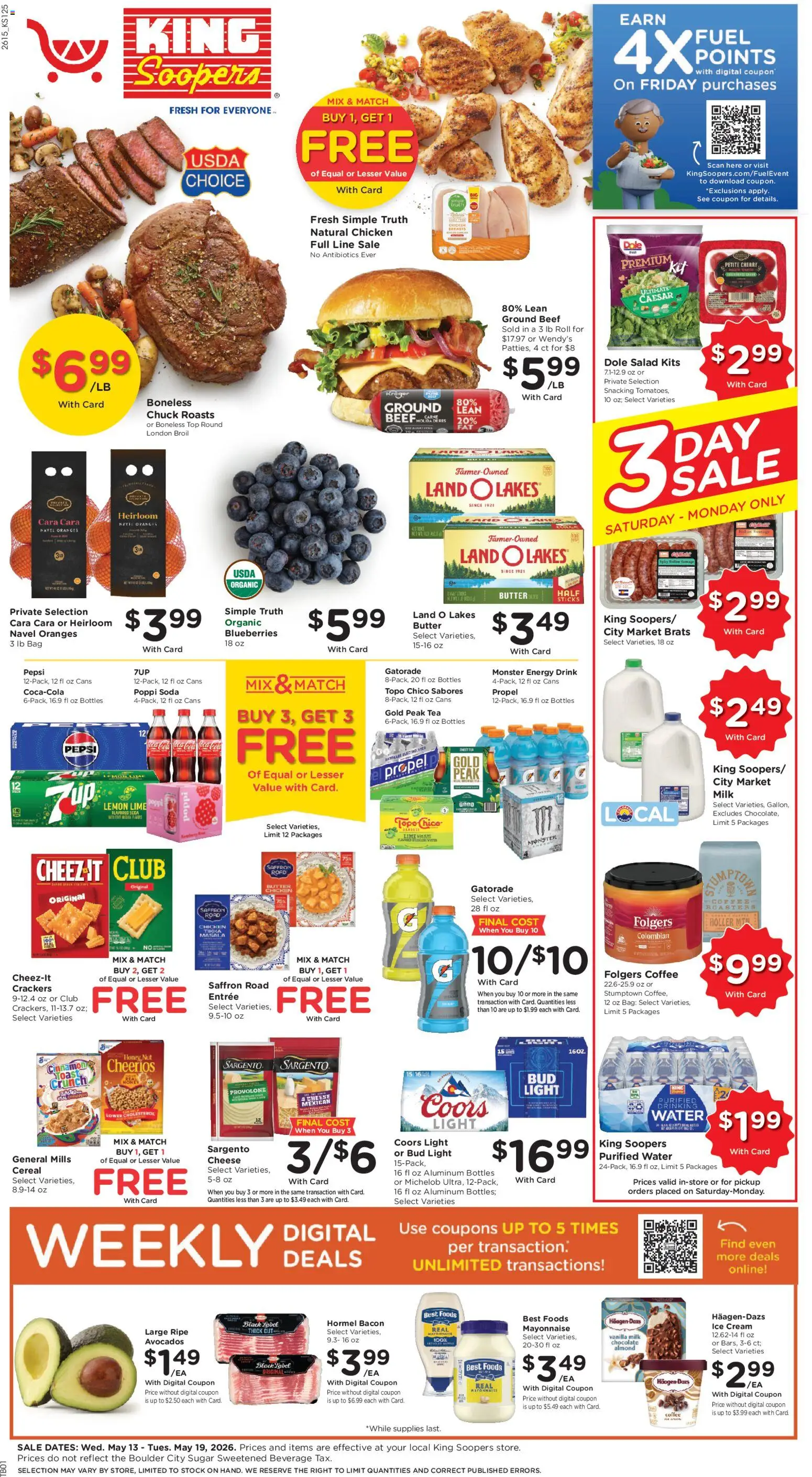 King Soopers Weekly Ad - valid from 13.05.2026 | Page: 1 | Products: Coffee, Tea, Mayonnaise, Blueberries