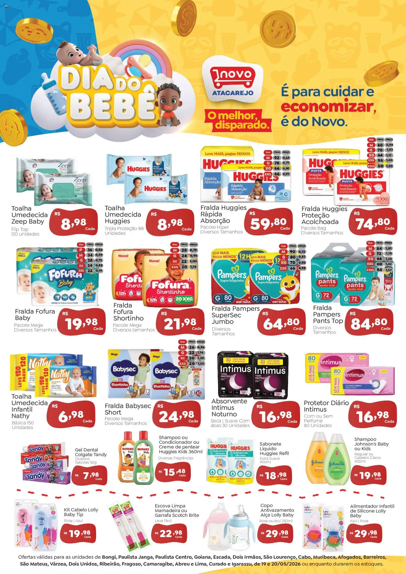 Novo Atacarejo Folheto - válido de 19.05.2026 | Página: 1 | Produtos: Fralda pampers, Pampers, Escova, Absorvente