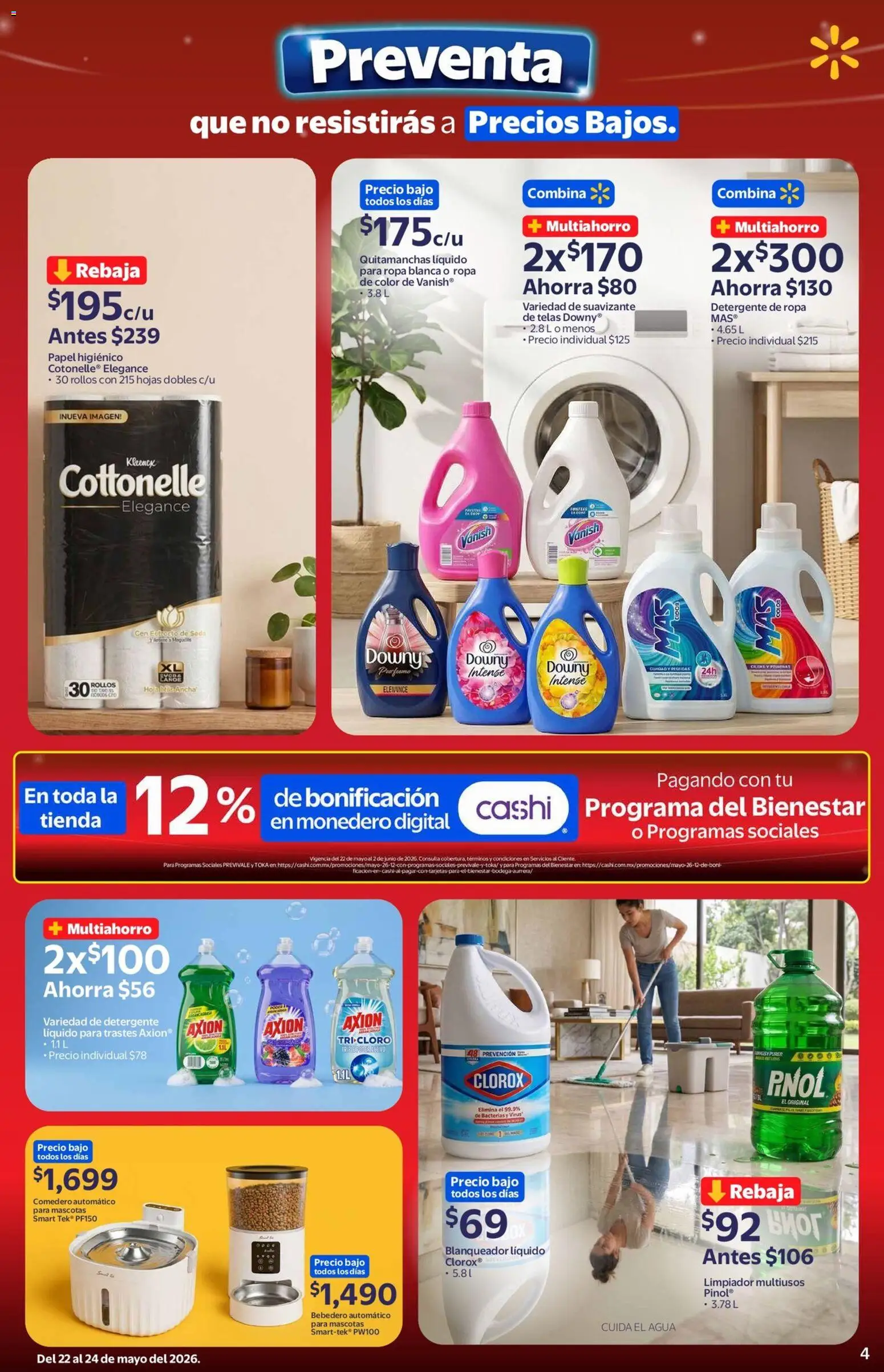 Nuevas ofertas de Walmart Express válidas en toda la República Mexicana desde el 22.05.2026. ¡Encuentra las mejores ofertas en Walmart Express folleto Preventa! | Página: 4 | Productos: Agua, Limpiador, Papel higiénico, Cloro
