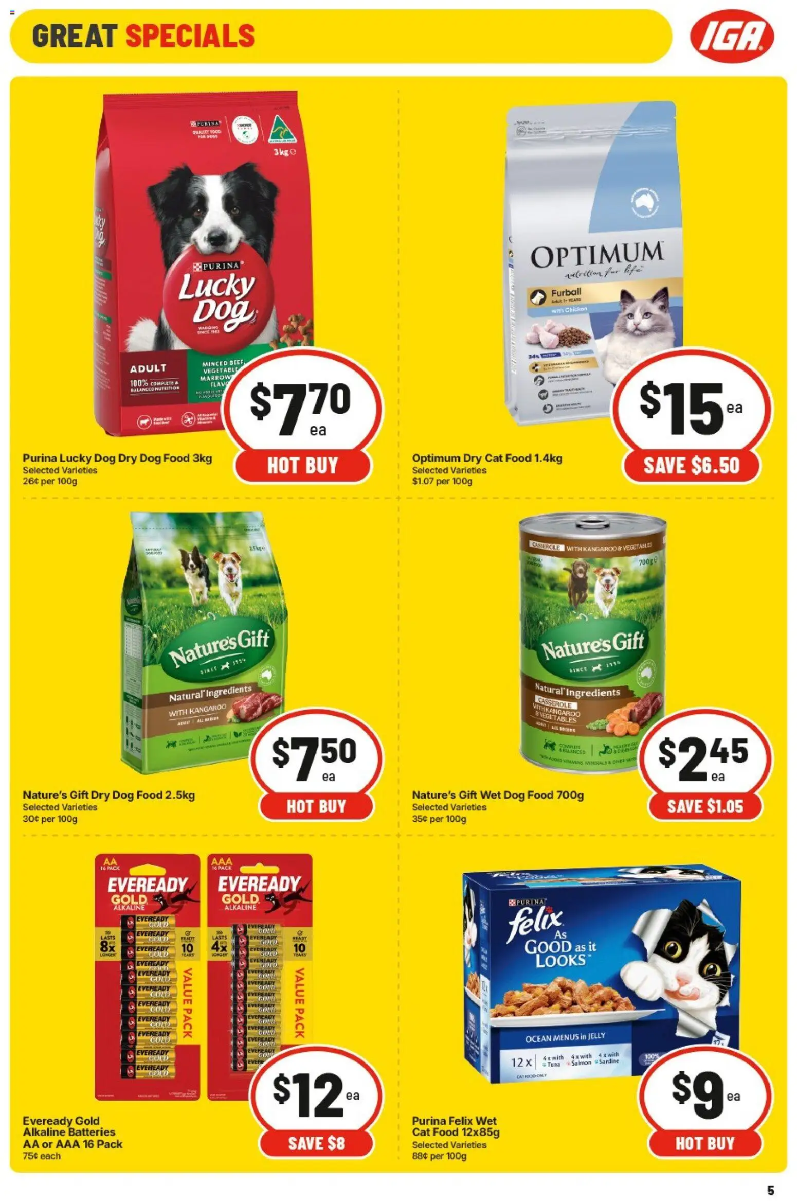 IGA catalogue - valid from 20.05.2026 | Page: 8 | Products: Dog food, Vegetables, Tuna, Batteries