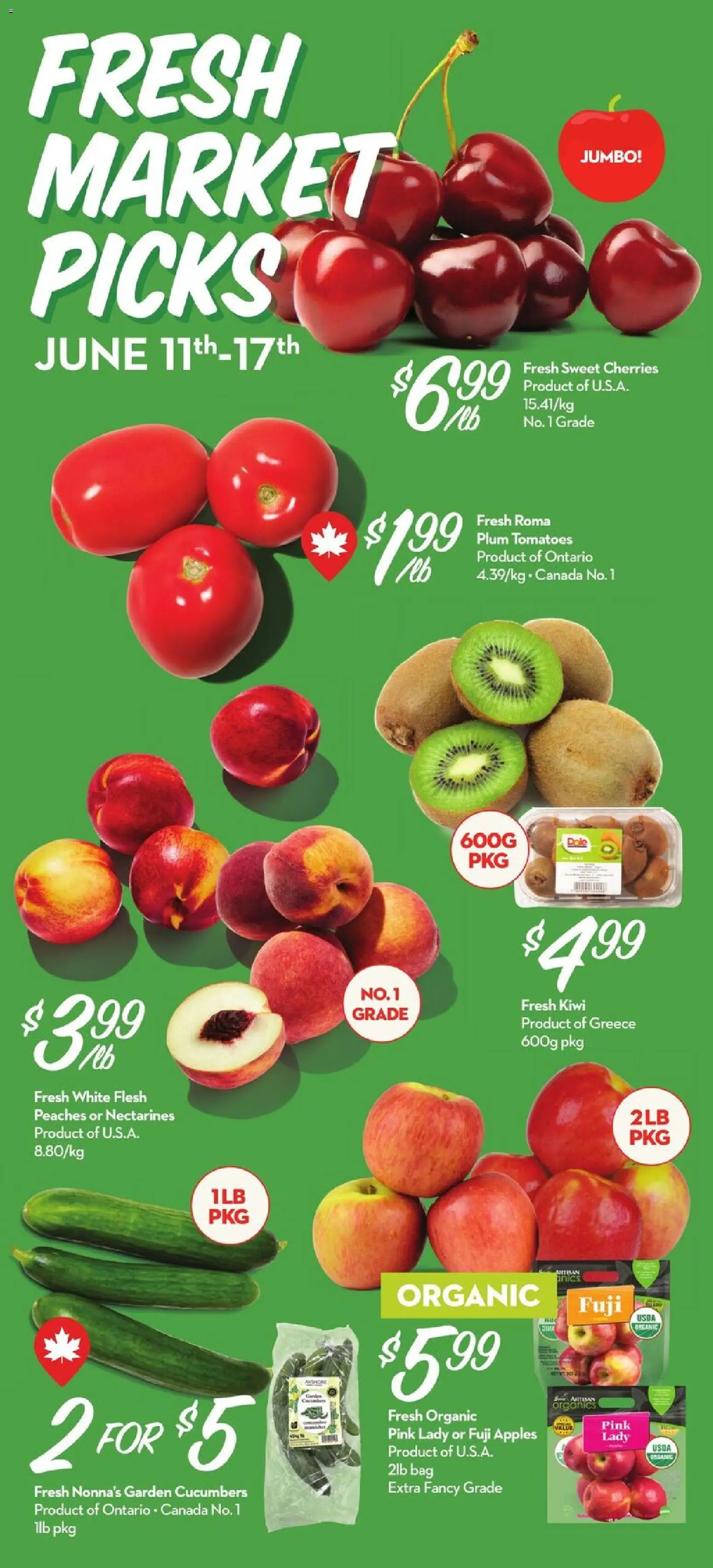 Longo's flyer valid from 11.06.2026 | Page: 2 | Products: Kiwi, Cucumbers, Apples, Tomatoes