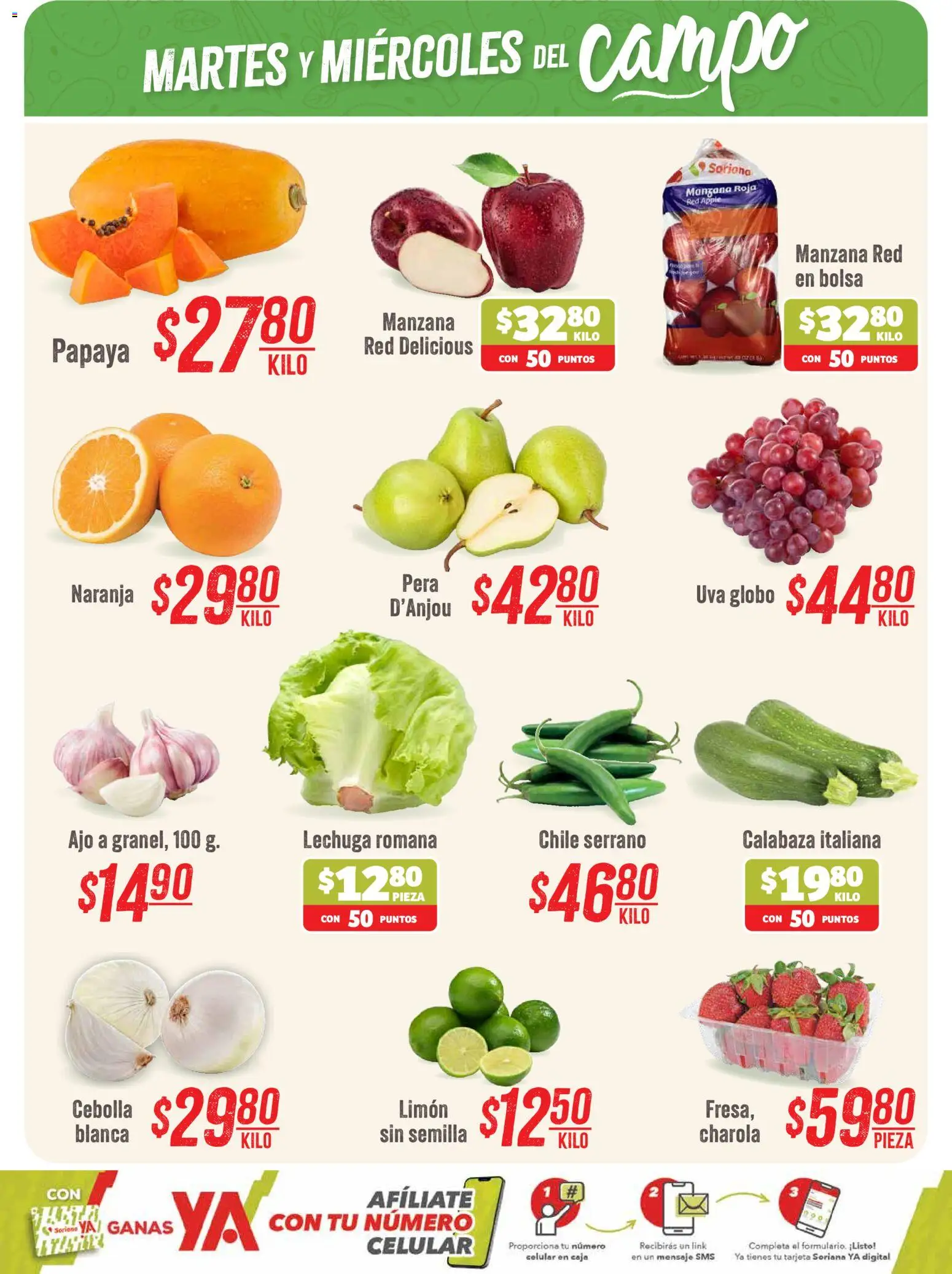 Nuevas ofertas de Soriana válidas en toda la República Mexicana desde el 11/08/2026. ¡Encuentra las mejores ofertas en Soriana Martes y Miércoles del Campo Híper: CDMX y Edo. de Mex! | Página: 2 | Productos: Bolsa, Ajo, Uva, Calabaza