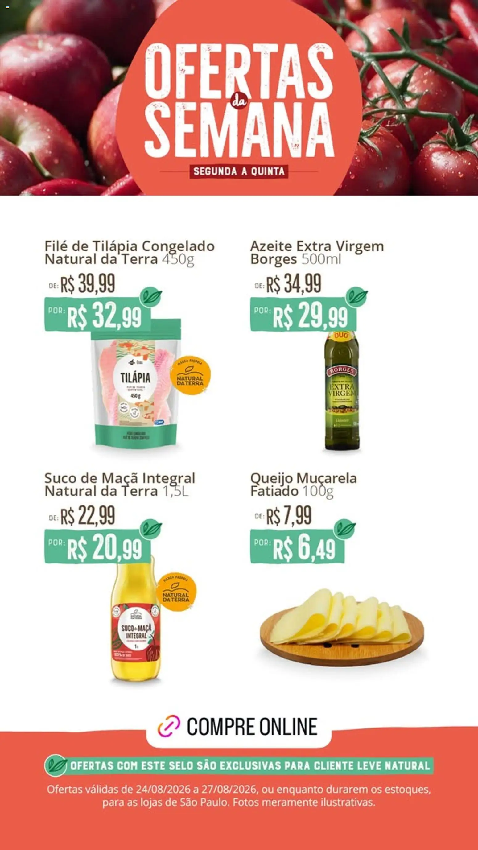 Natural da Terra Folheto - válido de 24/08/2026 | Página: 2 | Produtos: Azeite extra virgem, Queijo, Suco de maçã, Filé de tilápia