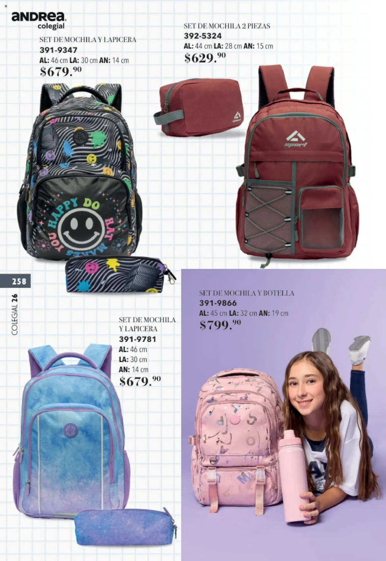 Nuevas ofertas de Andrea válidas en toda la República Mexicana desde el 23/05/2026. ¡Encuentra las mejores ofertas en Andrea catálogo Colegial! | Página: 258 | Productos: Mochila, Botella
