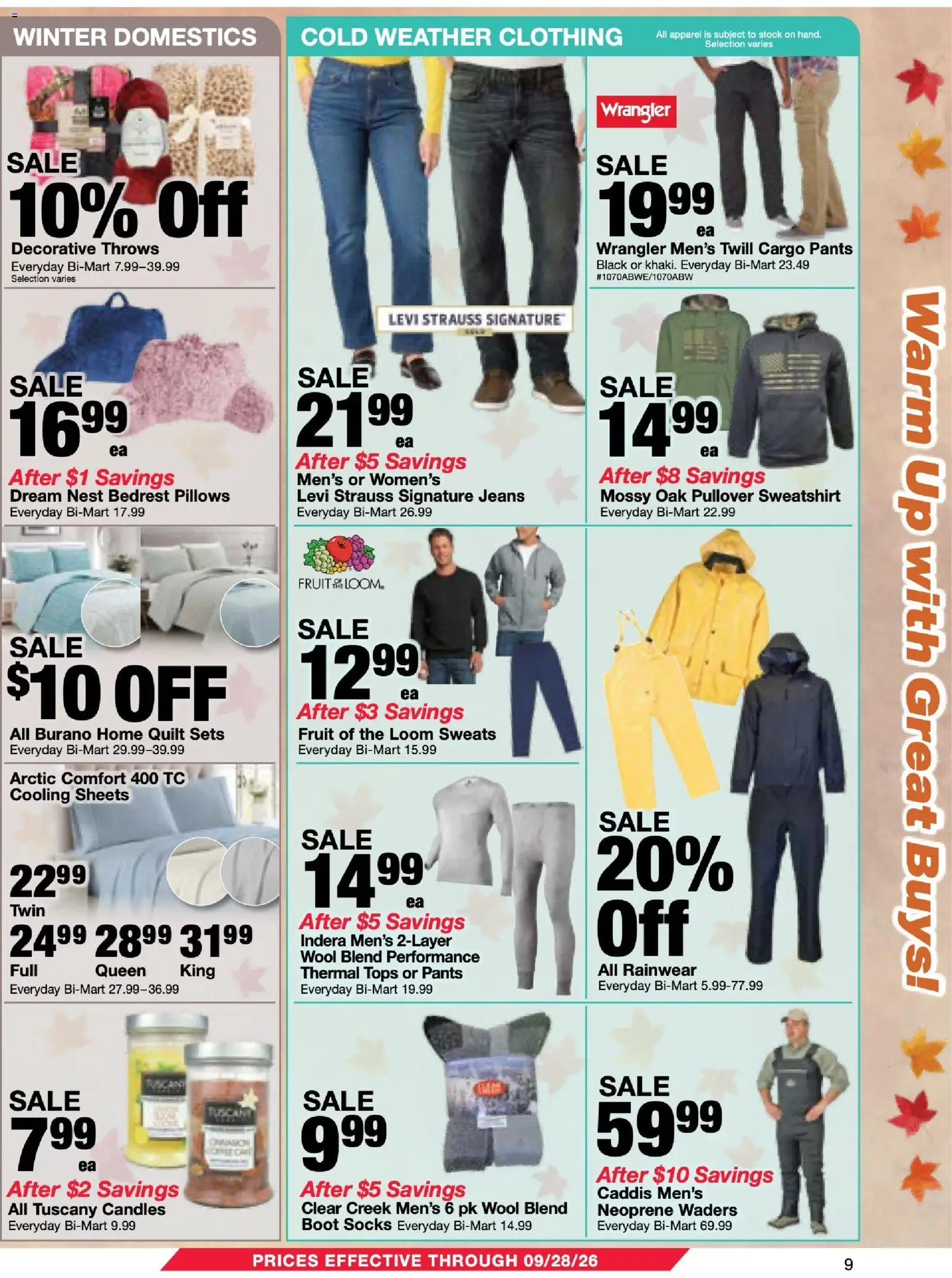 Bi-Mart Memberships Savings Book - valid from 09/15/2026 | Page: 9 | Products: Candles, Pants, Fruit, Rainwear