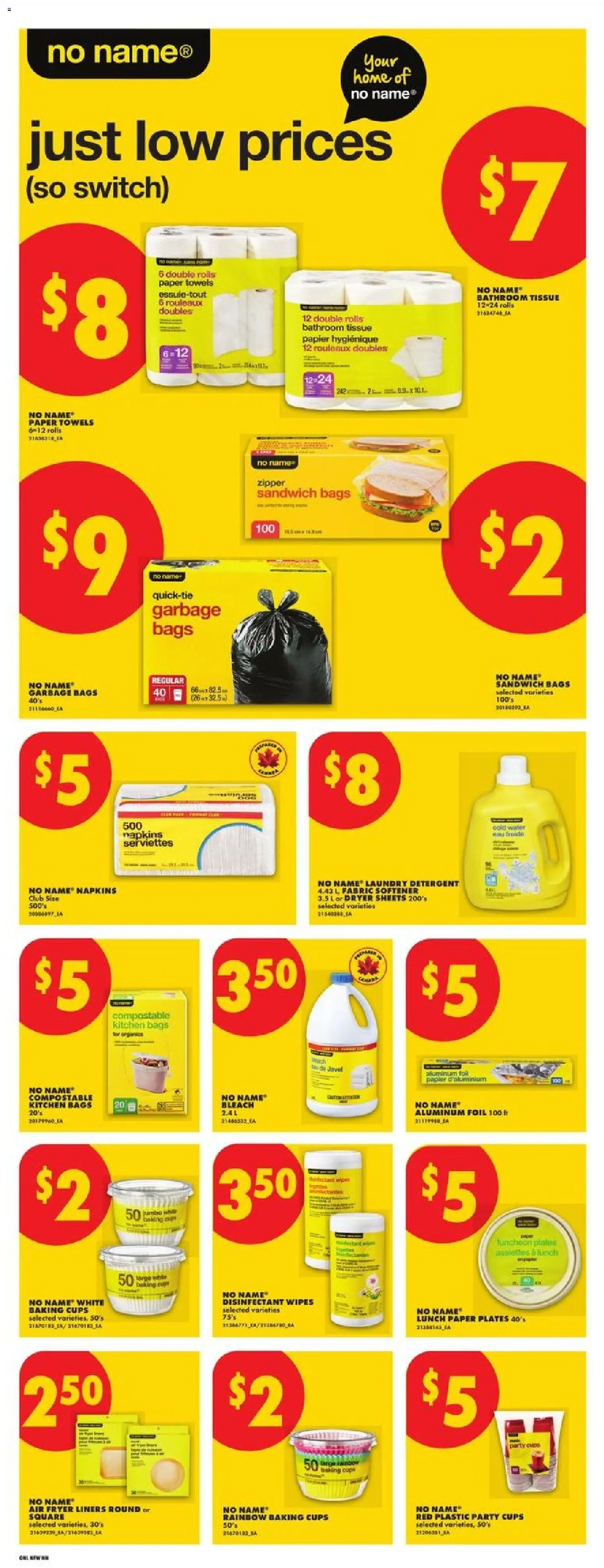 No Frills flyer valid from Aug 13, 2026 | Page: 16 | Products: Garbage bags, Aluminum foil, Towels, Disinfectant wipes