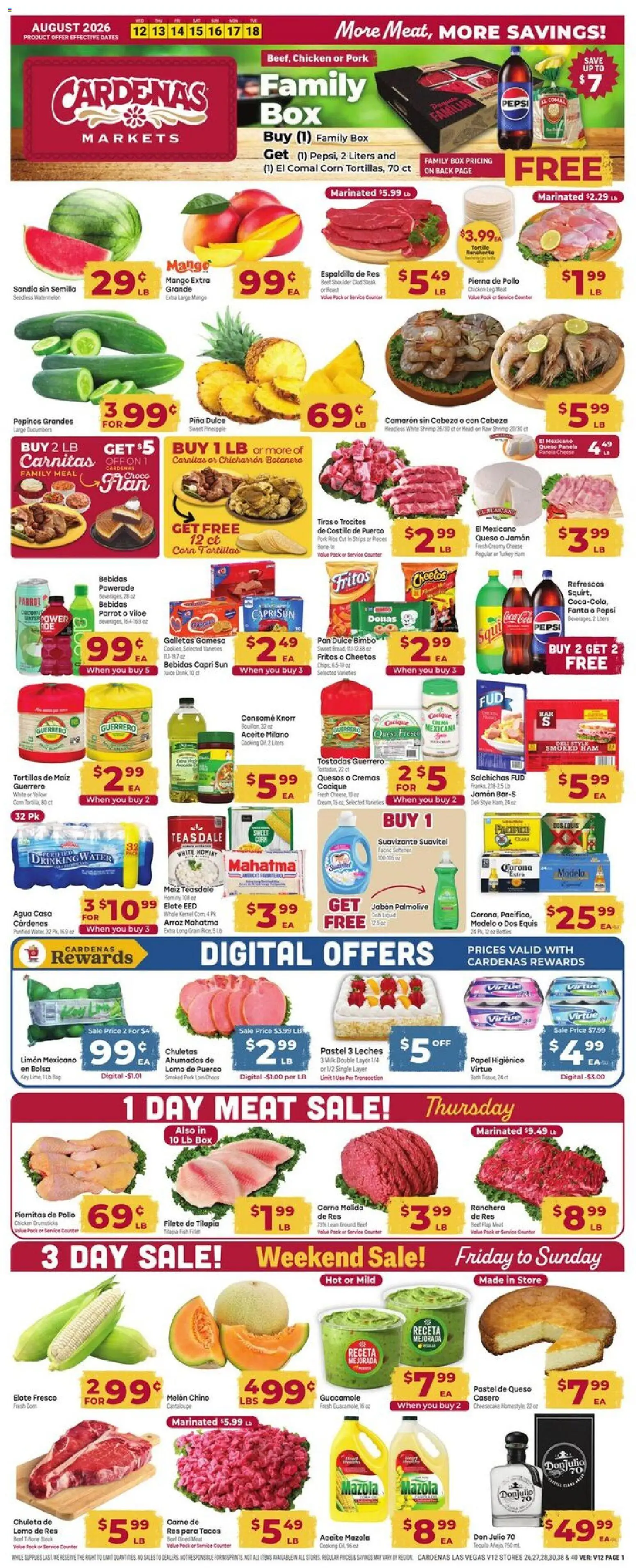 Cardenas Weekly Ad - valid from 08/12/2026 | Page: 1 | Products: Pork loin, Tilapia, Beef, Cheesecake