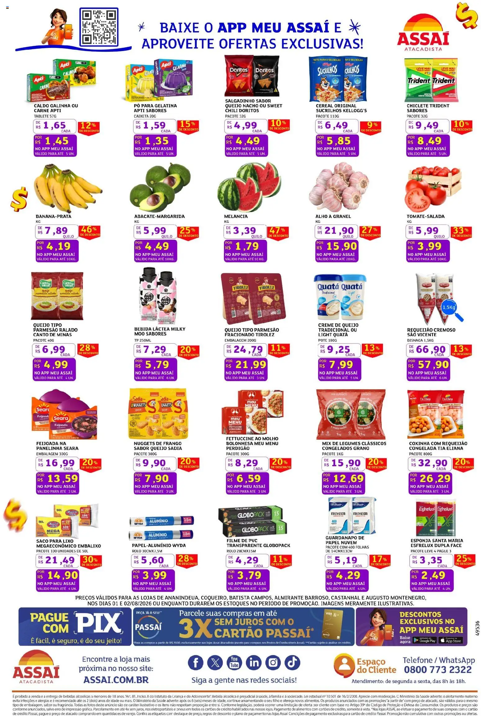Assaí Atacadista Folheto - válido de 01/08/2026 | Página: 4 | Produtos: Saco para lixo, Queijo, Pneus, Telefone