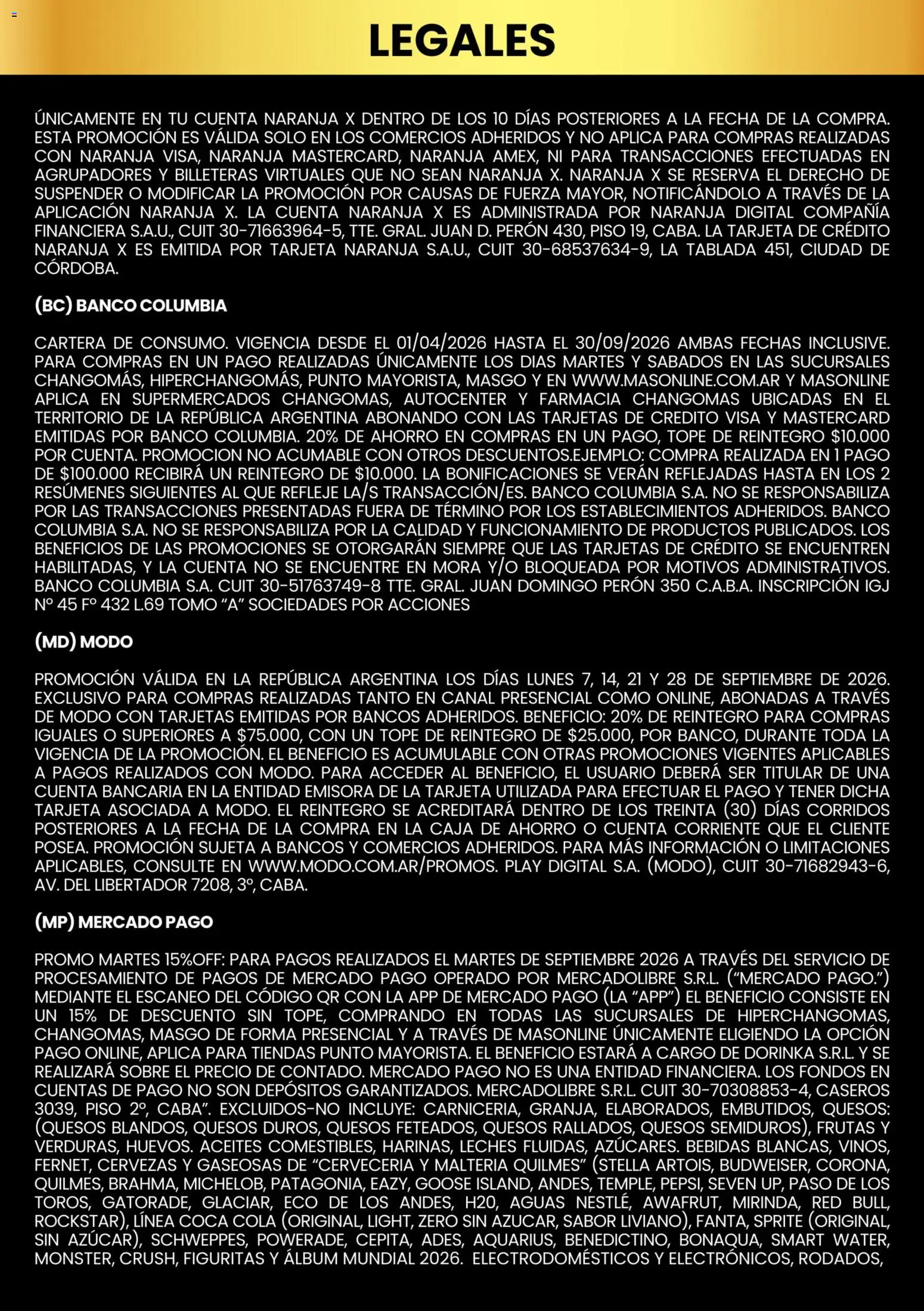 Changomas - Medios de pago │ válido desde el 01/09/2026 | Página: 10 | Productos: Sprite, Cartera, Sobre, Bebidas