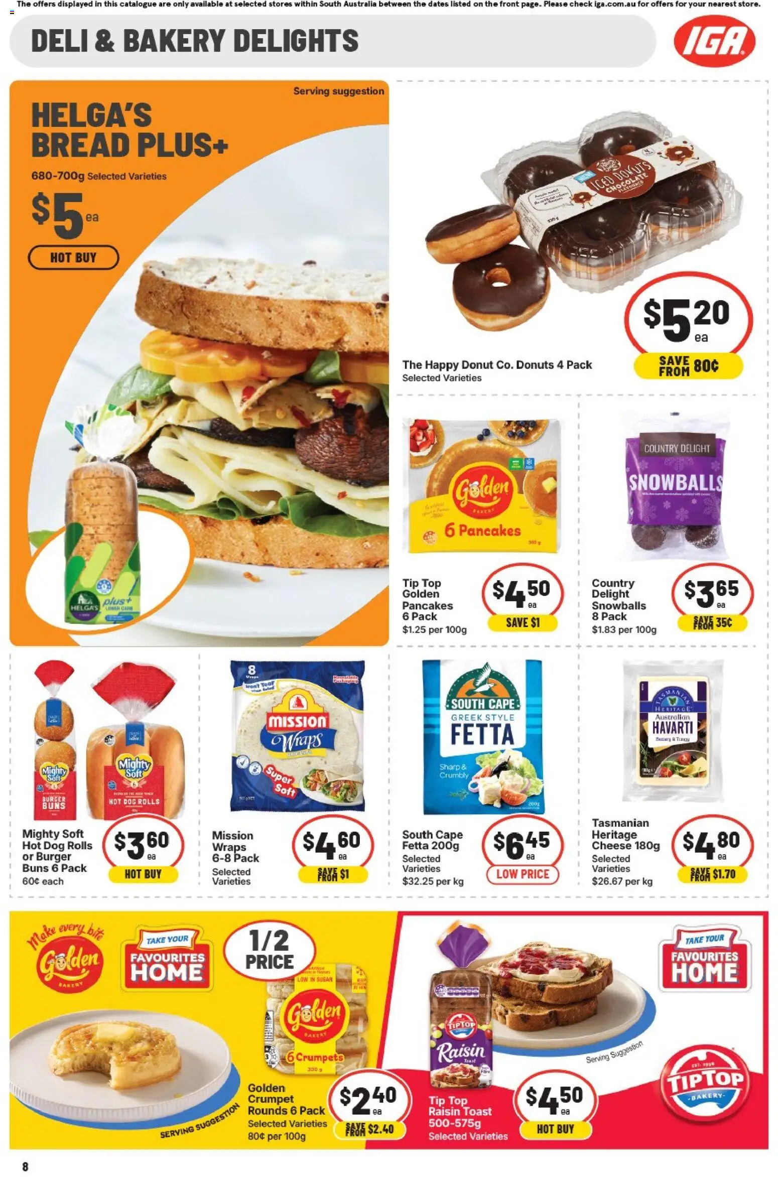 IGA catalogue - valid from 03.06.2026 | Page: 8 | Products: Crumpets, Donuts, Bread, Bakery