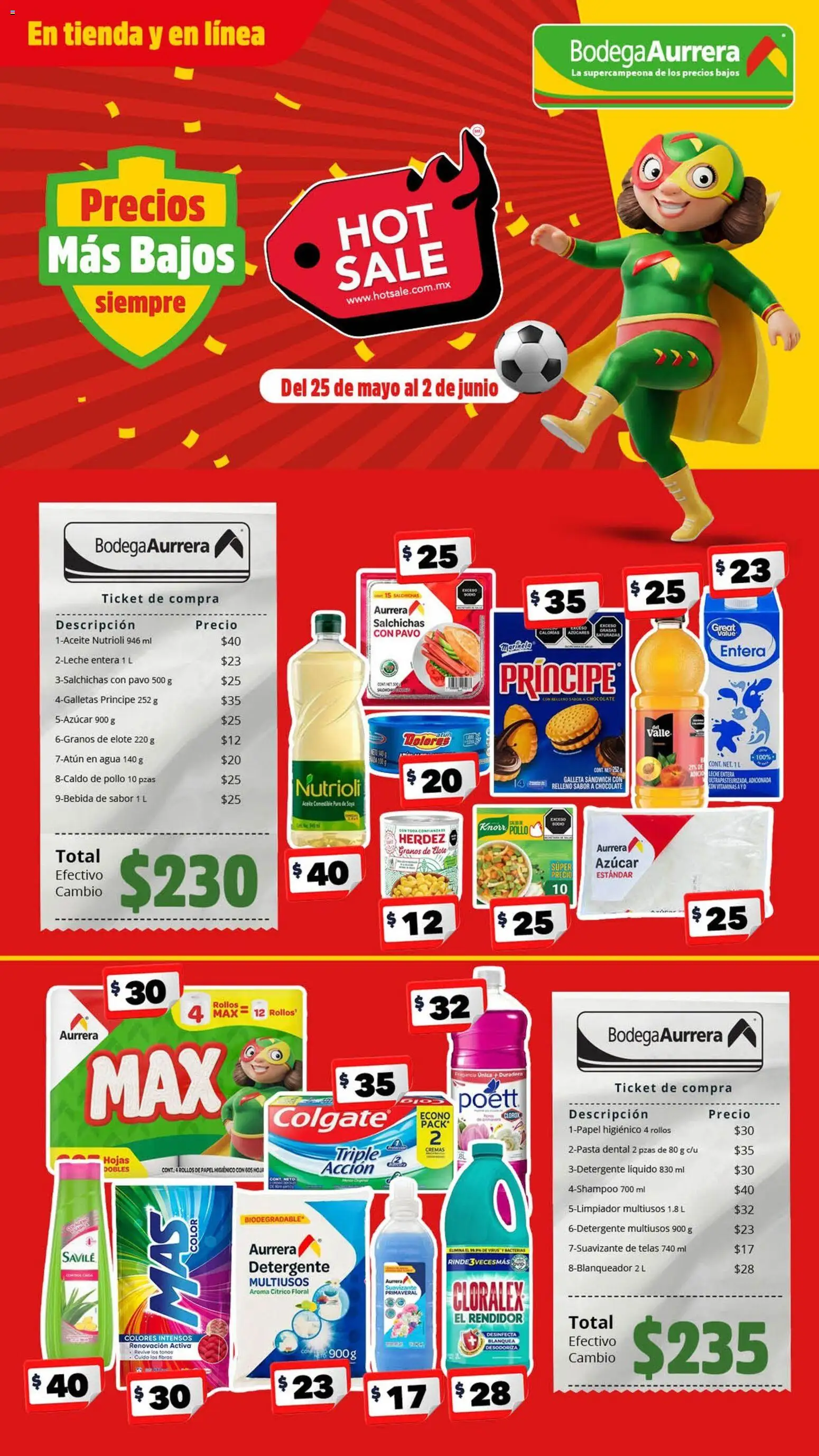 Nuevas ofertas de Bodega Aurrerá válidas en toda la República Mexicana desde el 25.05.2026. ¡Encuentra las mejores ofertas en Bodega Aurrerá Hot Sale! | Página: 1 | Productos: Detergente, Azúcar, Aceite, Papel higiénico